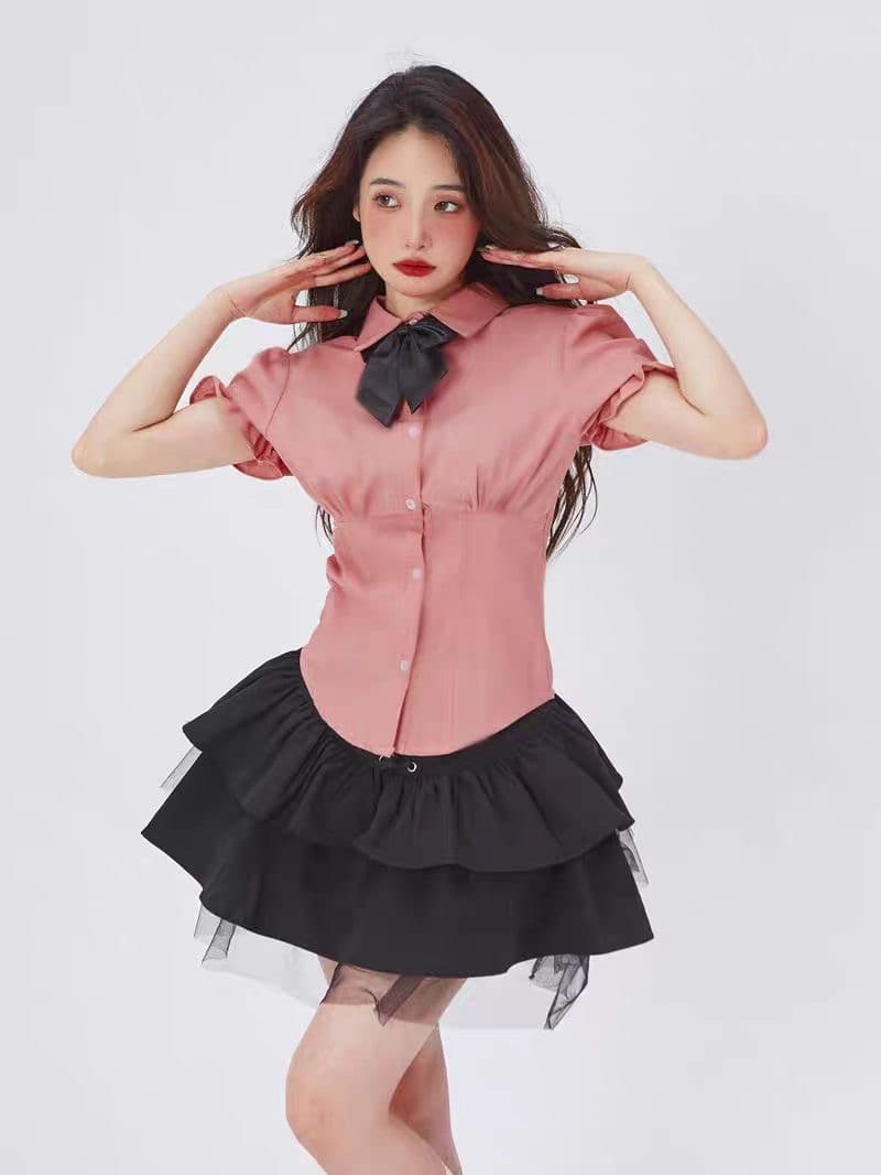 발레 소녀 연령 감소 세트 여성 여름 polo 셔츠 거품 소매 슬림해 보이는 허리 수축 짧은 치마 패션 투피스 세트 이미지 2