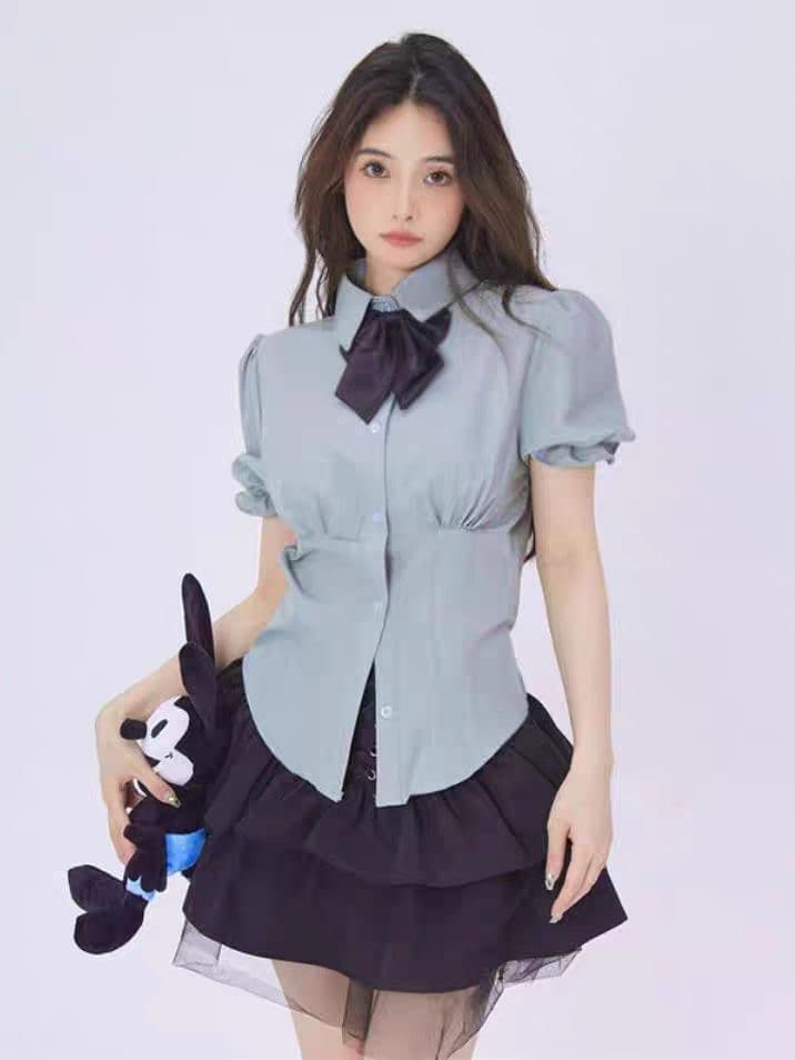 발레 소녀 연령 감소 세트 여성 여름 polo 셔츠 거품 소매 슬림해 보이는 허리 수축 짧은 치마 패션 투피스 세트 상세 이미지 1