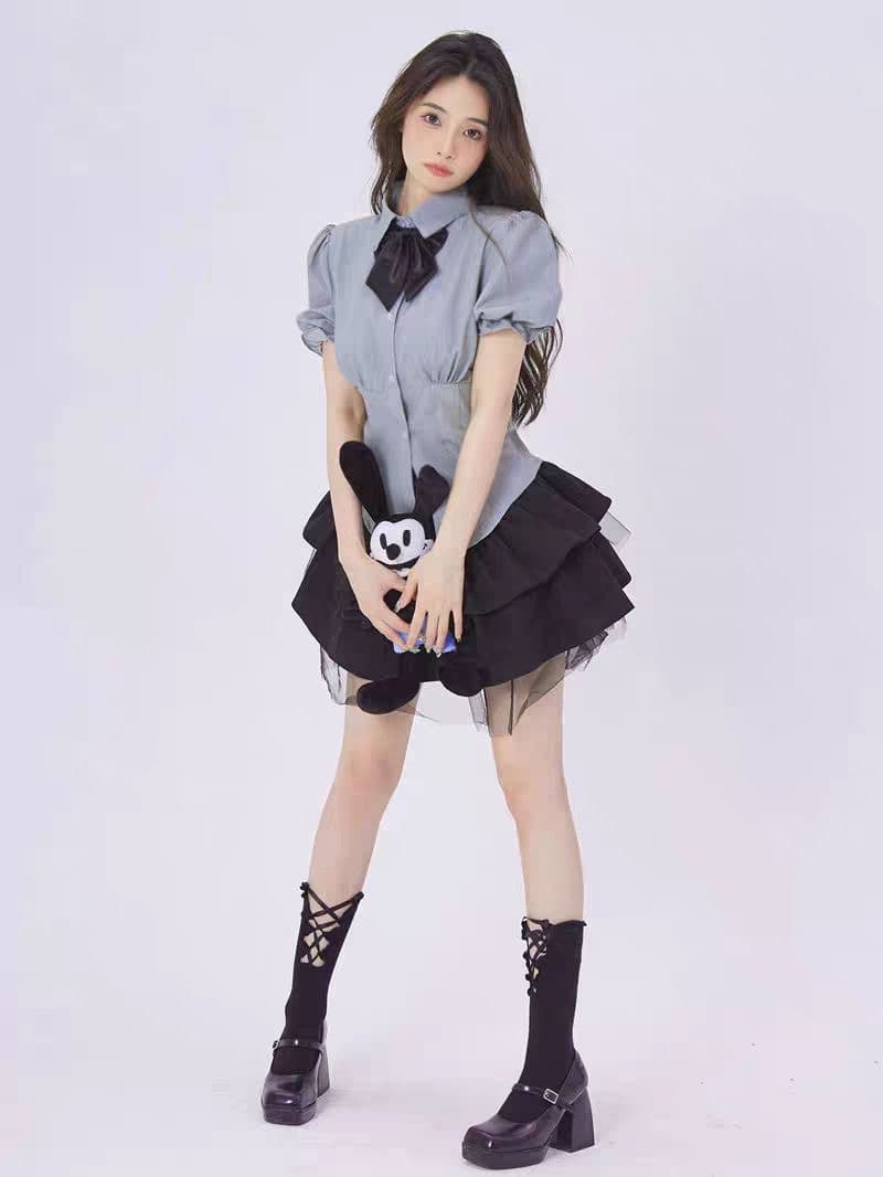 발레 소녀 연령 감소 세트 여성 여름 polo 셔츠 거품 소매 슬림해 보이는 허리 수축 짧은 치마 패션 투피스 세트 상세 이미지 2