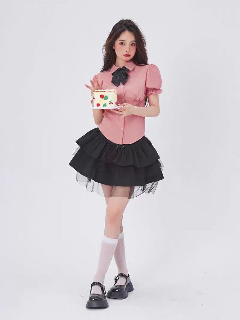 발레 소녀 연령 감소 세트 여성 여름 polo 셔츠 거품 소매 슬림해 보이는 허리 수축 짧은 치마 패션 투피스 세트 상세 이미지 4