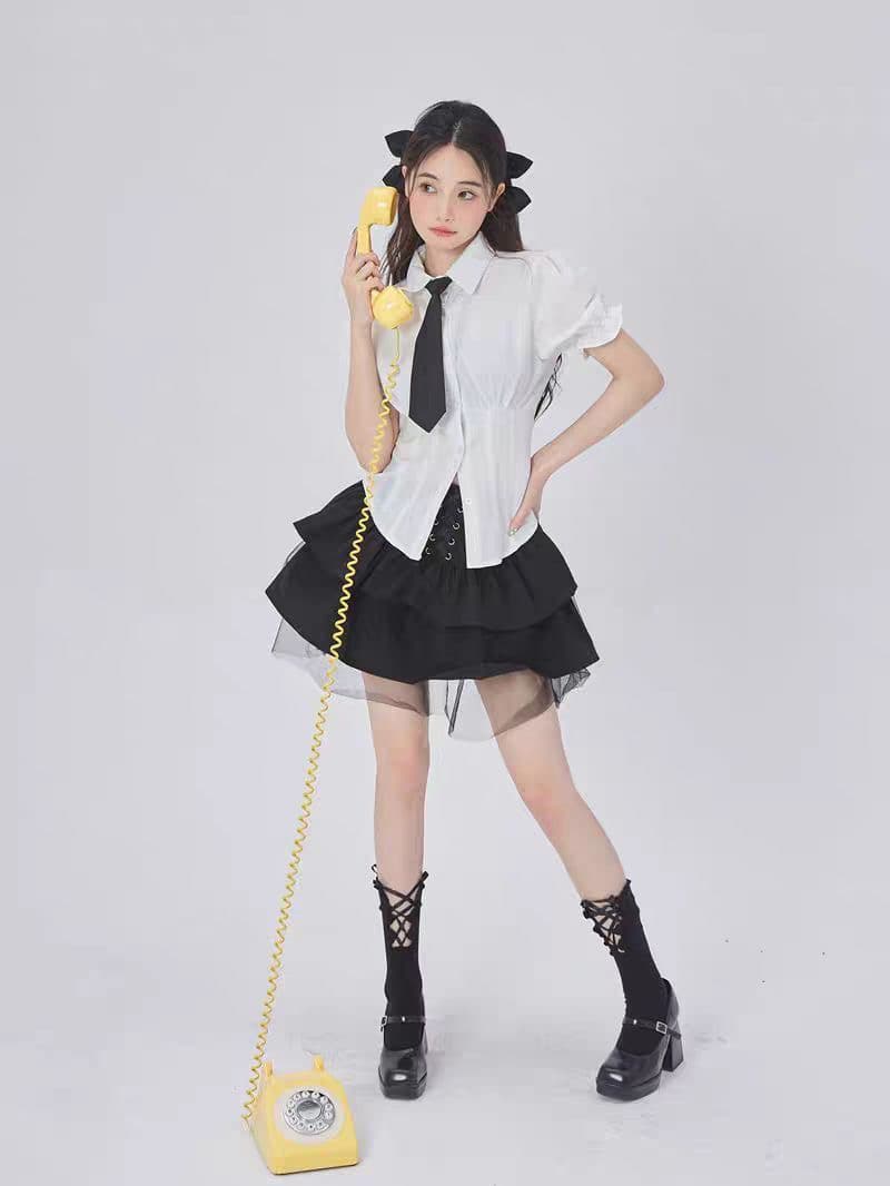 발레 소녀 연령 감소 세트 여성 여름 polo 셔츠 거품 소매 슬림해 보이는 허리 수축 짧은 치마 패션 투피스 세트 상세 이미지 6