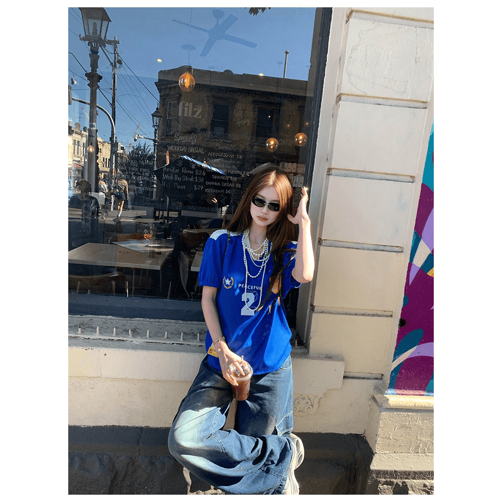 2026 새로운 아메리칸 레트로 V넥 저지 프린트 티셔츠 여성 루즈핏 캐주얼 슬림해 보이는 반팔 맨위 여름 이미지 5