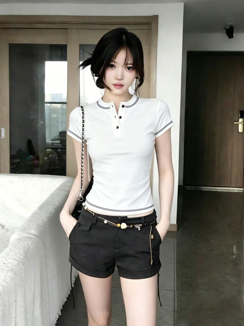 한 부서 품격 배색 측면 헨리 칼라 반팔 티셔츠 여성 여름 몸매 가꾸기 슬림해 보이는 핫걸 바람 긍정적 인 어깨 다용도 맨위 이미지 3