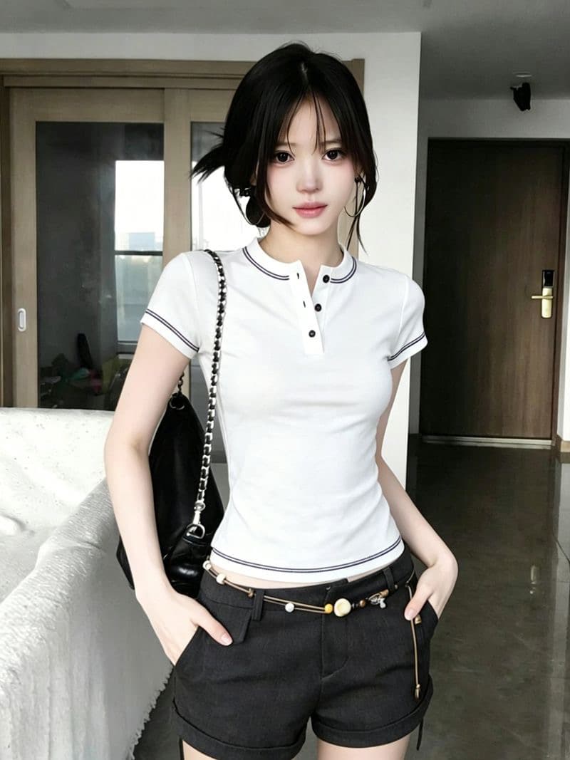 한 부서 품격 배색 측면 헨리 칼라 반팔 티셔츠 여성 여름 몸매 가꾸기 슬림해 보이는 핫걸 바람 긍정적 인 어깨 다용도 맨위 상세 이미지 2
