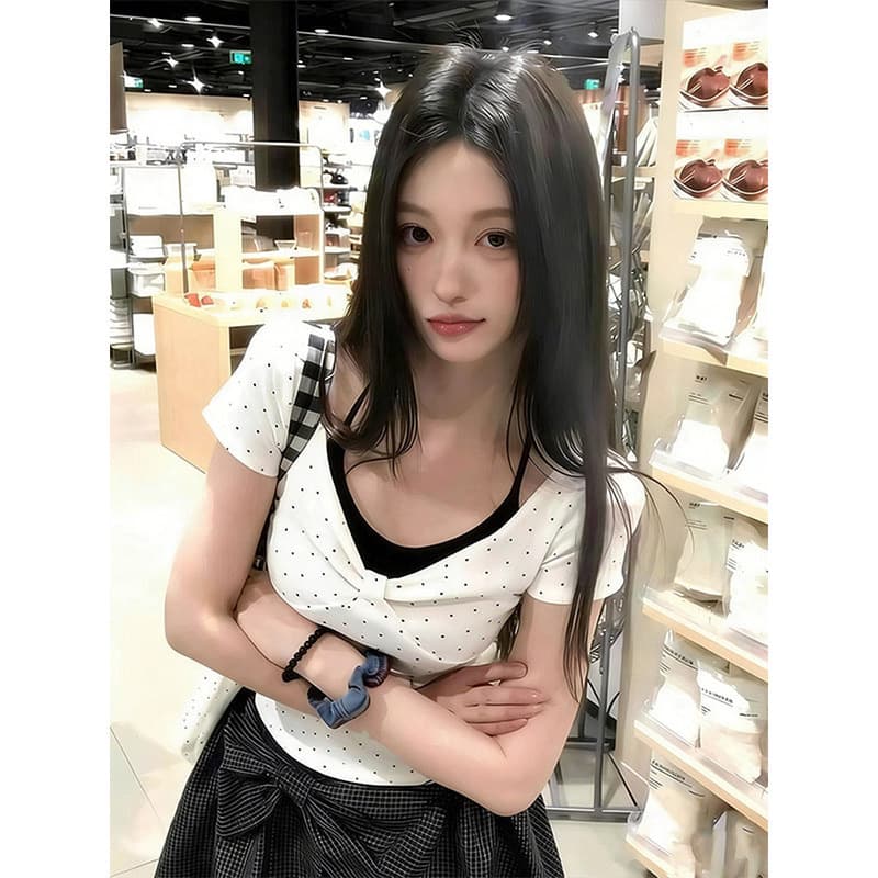 한국 스타일 레트로 항구 바람 페이크 레이어드 티셔츠 반팔 여성 배색 패션 도트 무늬 주름 디자인 다용도 몸매 가꾸기 맨위 상세 이미지 1