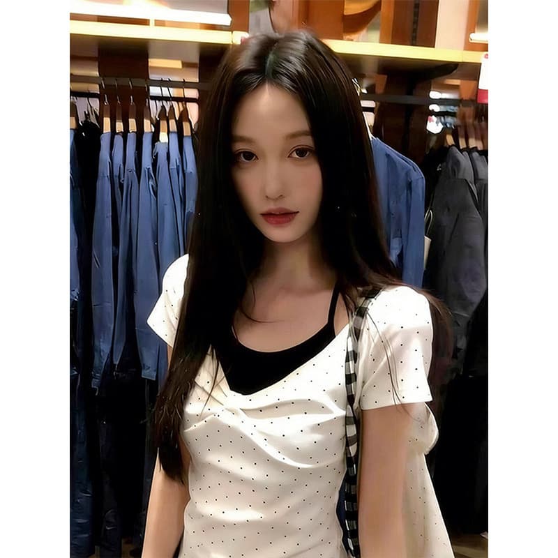 한국 스타일 레트로 항구 바람 페이크 레이어드 티셔츠 반팔 여성 배색 패션 도트 무늬 주름 디자인 다용도 몸매 가꾸기 맨위 상세 이미지 2