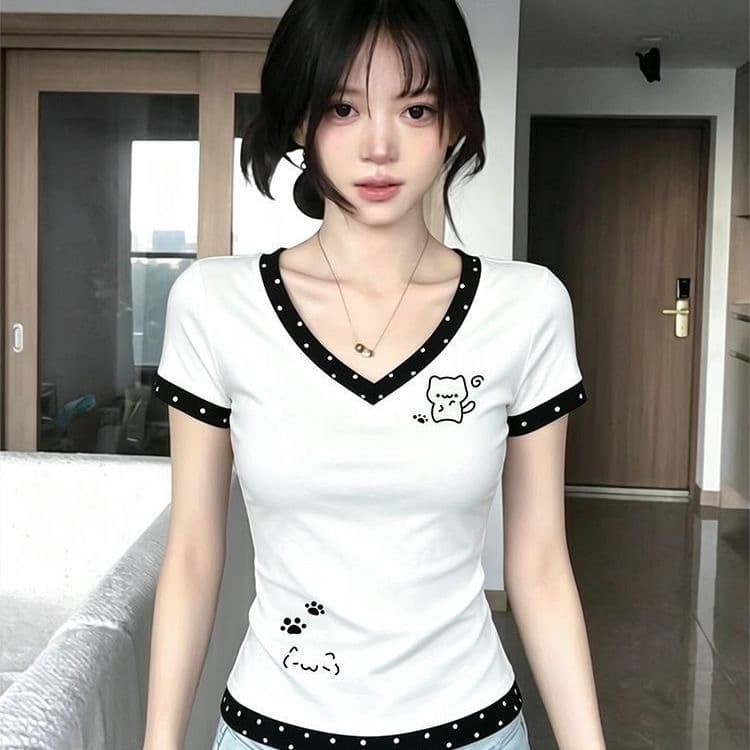 V넥 긍정적 인 어깨 패치워크 새끼 고양이 프린트 반팔 티셔츠 여성 패션 연령 감소 몸매 가꾸기 슬림해 보이는 한 부서 출퇴근 품격 맨위 상세 이미지 6