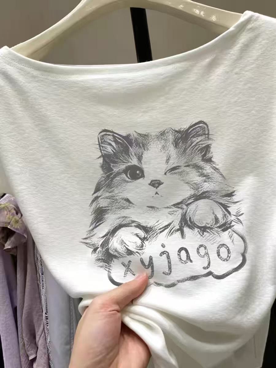 열세 개 알파벳 프린트 반팔 여성 2026 여름 슬림해 보이는 비스듬한 어깨 의류 상세 이미지 7