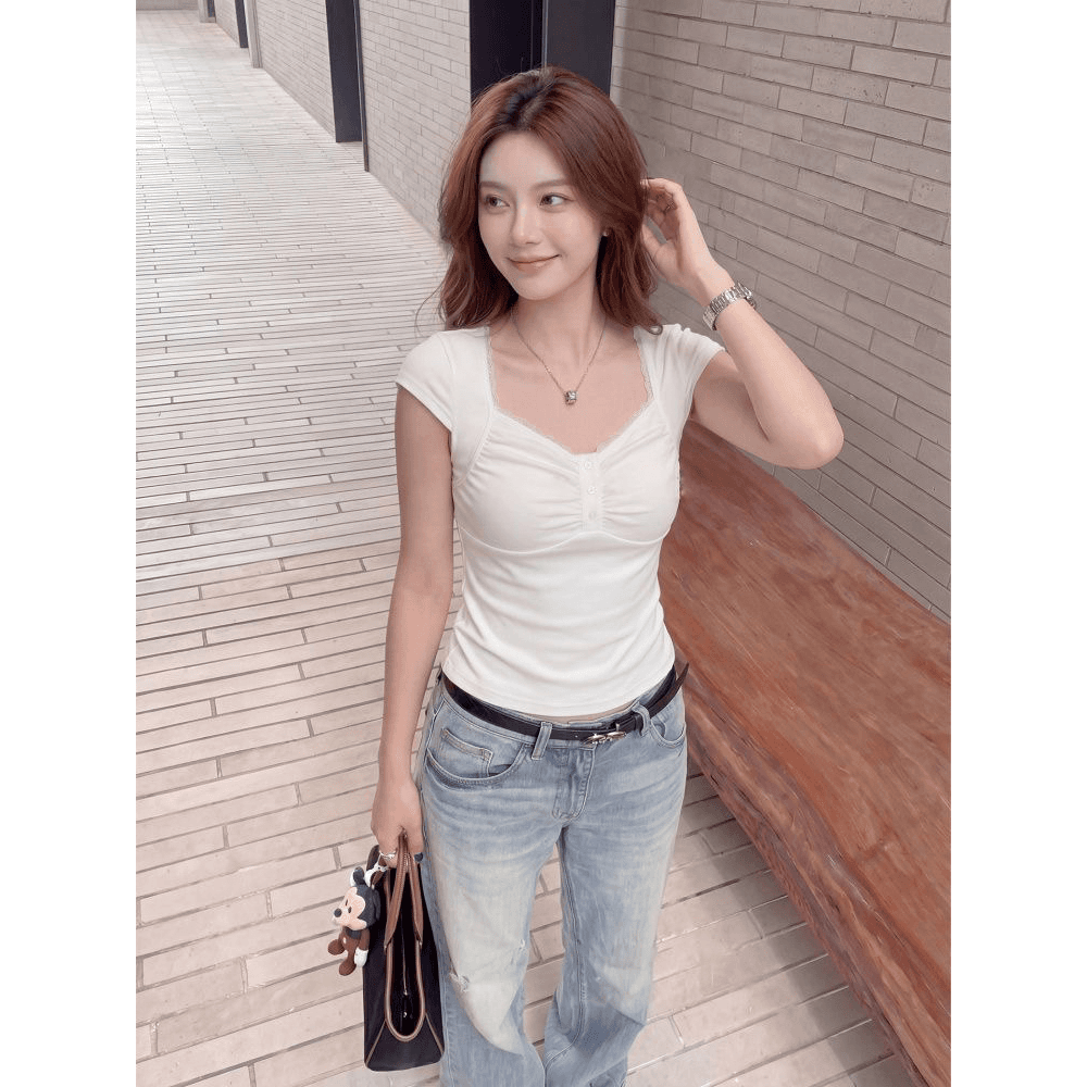 210 그램 40 순면 광장 칼라 레이스 측면 단추 반팔 티셔츠 여성 몸매 가꾸기 맨위 이미지 5