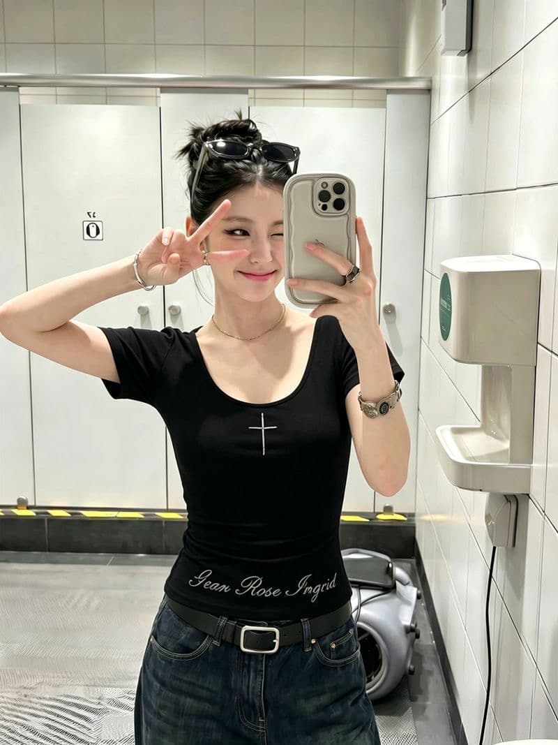 260 그램 사람들 면 모달 자수 홀로우 아웃 레이스 u 칼라 반팔 티셔츠 여성 양면 착용 몸매 가꾸기 맨위 이미지 3