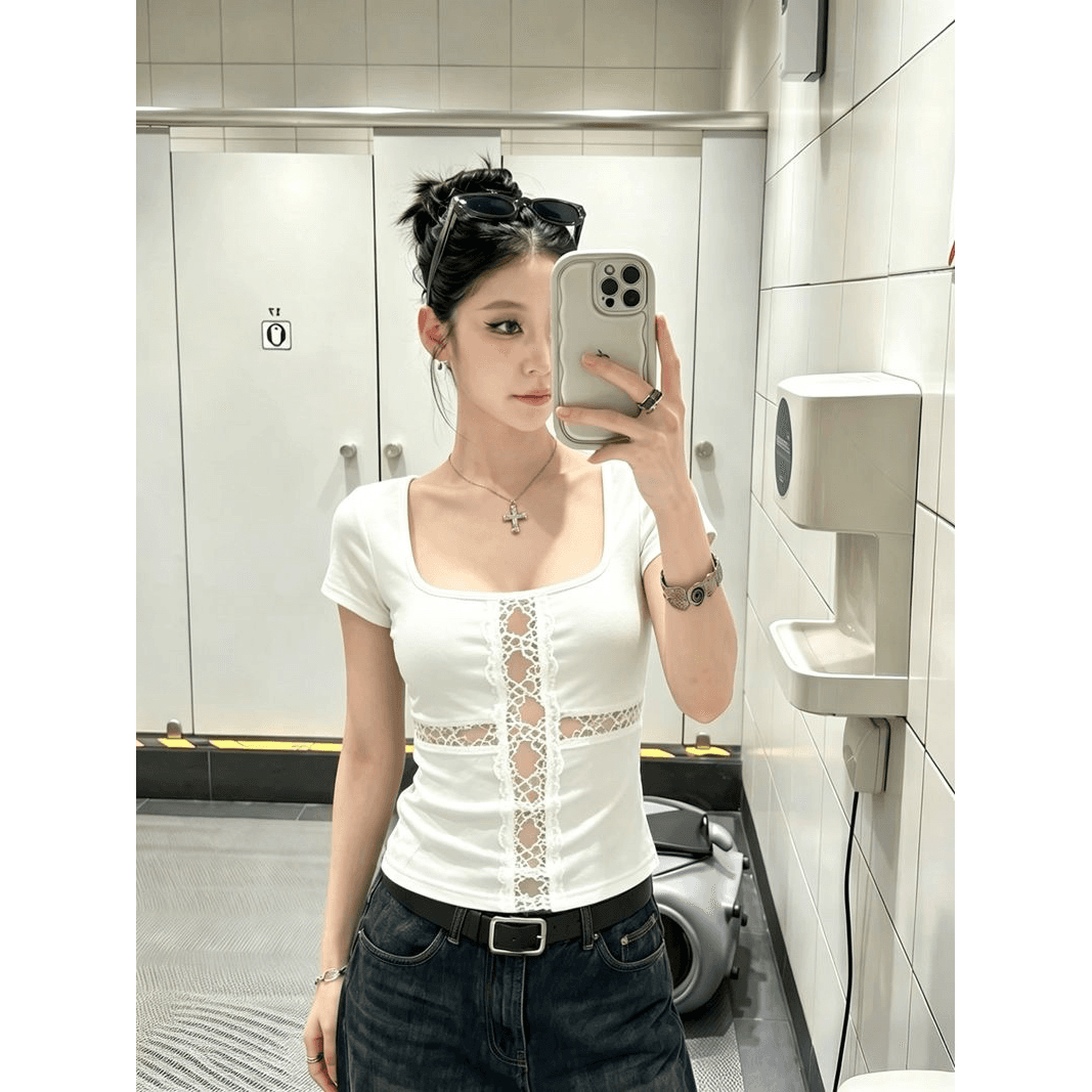 260 그램 사람들 면 모달 자수 홀로우 아웃 레이스 u 칼라 반팔 티셔츠 여성 양면 착용 몸매 가꾸기 맨위 이미지 5