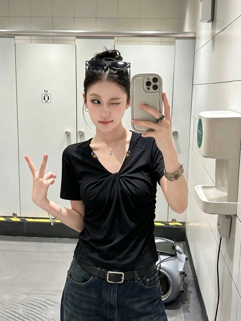 260 그램 사람들 면 모달 V넥 비틀림 비즈 긍정적 인 어깨 반팔 티셔츠 여성 몸매 가꾸기 맨위