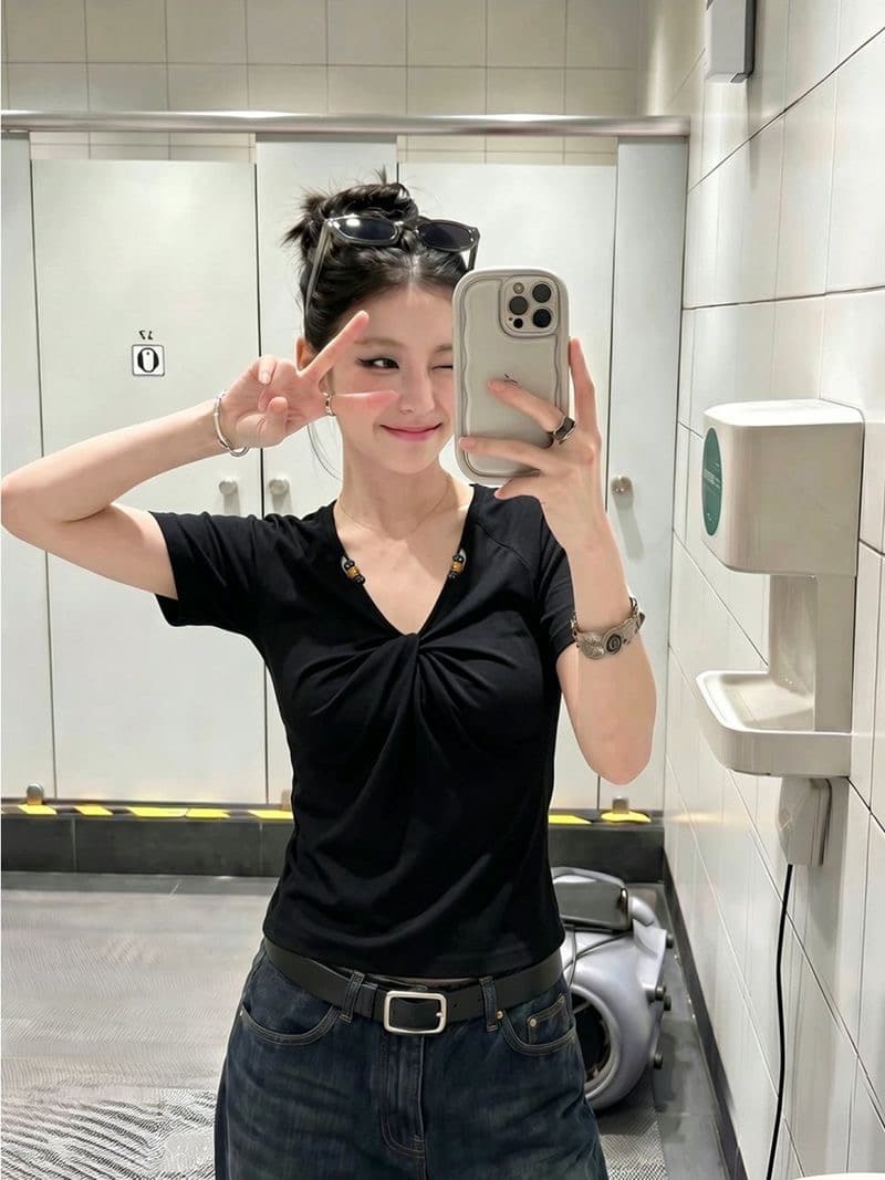 260 그램 사람들 면 모달 V넥 비틀림 비즈 긍정적 인 어깨 반팔 티셔츠 여성 몸매 가꾸기 맨위 이미지 3