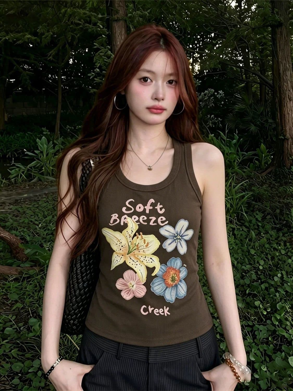 260 그램 사람들 면 모달 색상 꽃 프린트 민소매 조끼 슬립 쇼트 스타일 맨위 상세 이미지 1