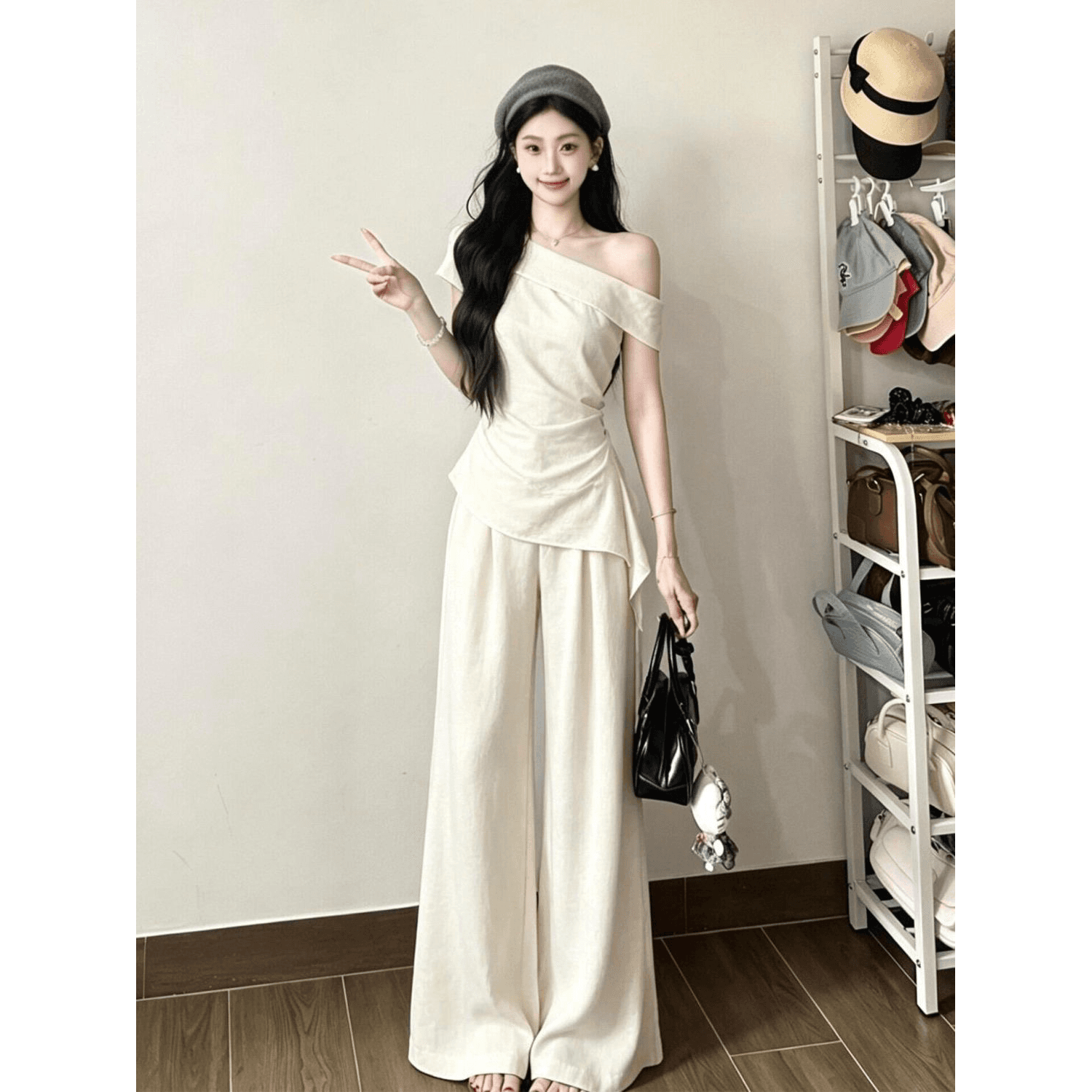 캐주얼 스포츠 슈트 여성 여름 새로운 비스듬한 어깨 펌프 Pleat 리본 몸매 가꾸기 맨위 와이드 레그 팬츠 투피스 세트 세트 이미지 5