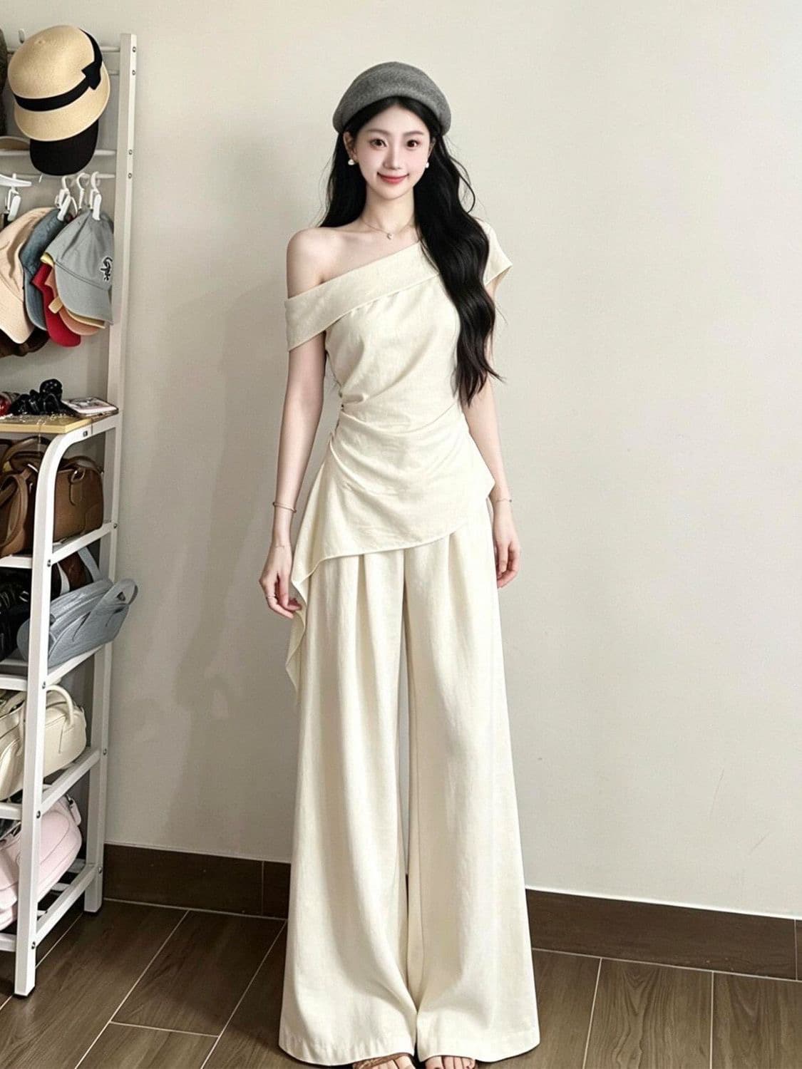 캐주얼 스포츠 슈트 여성 여름 새로운 비스듬한 어깨 펌프 Pleat 리본 몸매 가꾸기 맨위 와이드 레그 팬츠 투피스 세트 세트 상세 이미지 8