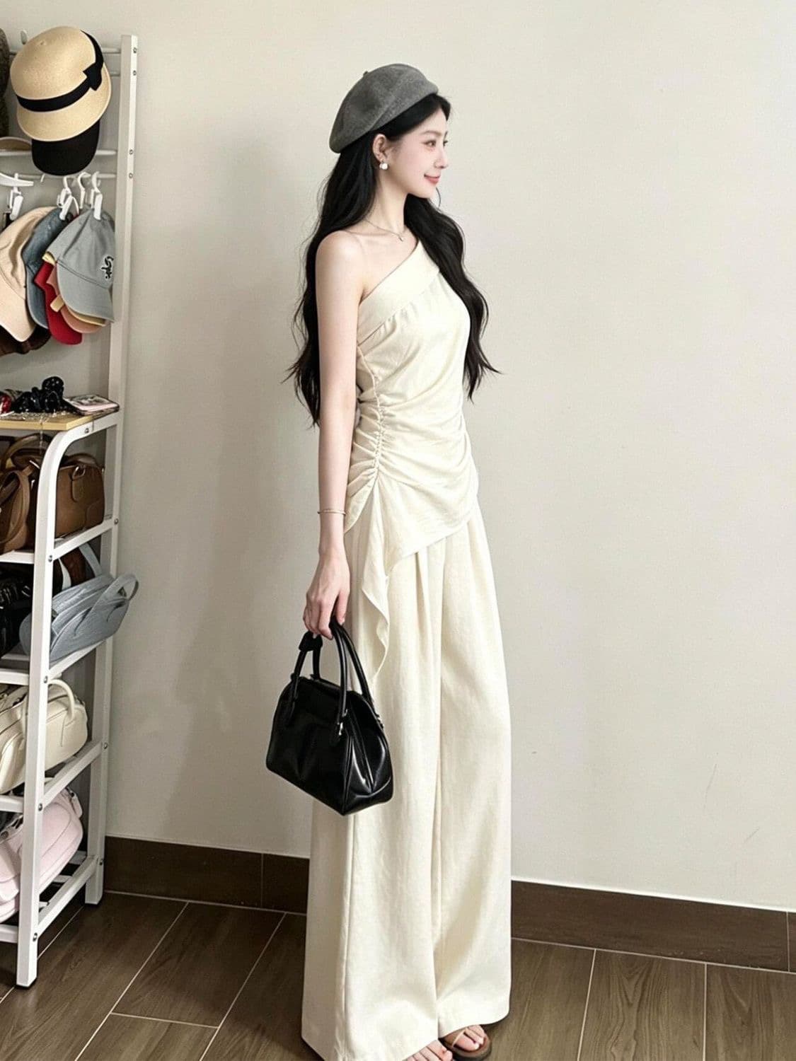 캐주얼 스포츠 슈트 여성 여름 새로운 비스듬한 어깨 펌프 Pleat 리본 몸매 가꾸기 맨위 와이드 레그 팬츠 투피스 세트 세트 상세 이미지 9