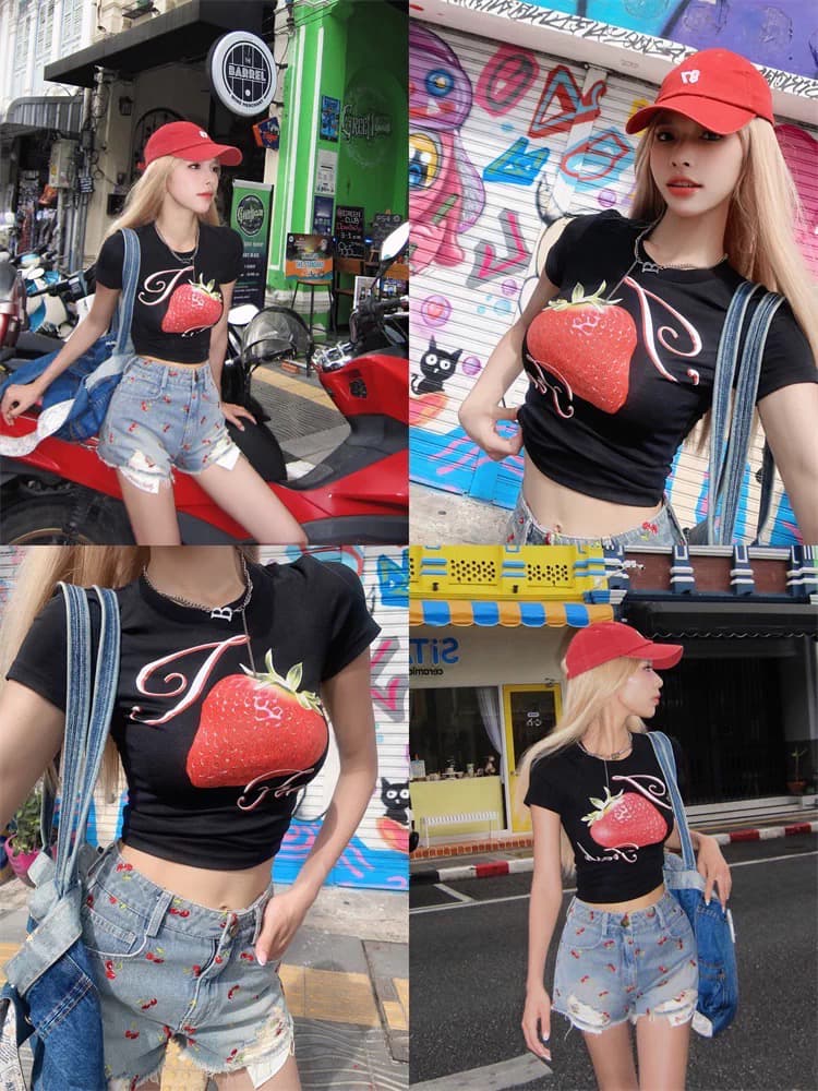 아메리칸 달콤한 차가운 핫걸 긍정적 인 어깨 반팔 티셔츠 여성 2026 봄 여름 새로운 몸매 가꾸기 슬림해 보이는 쇼트 스타일 허리 수축 맨위 상세 이미지 7