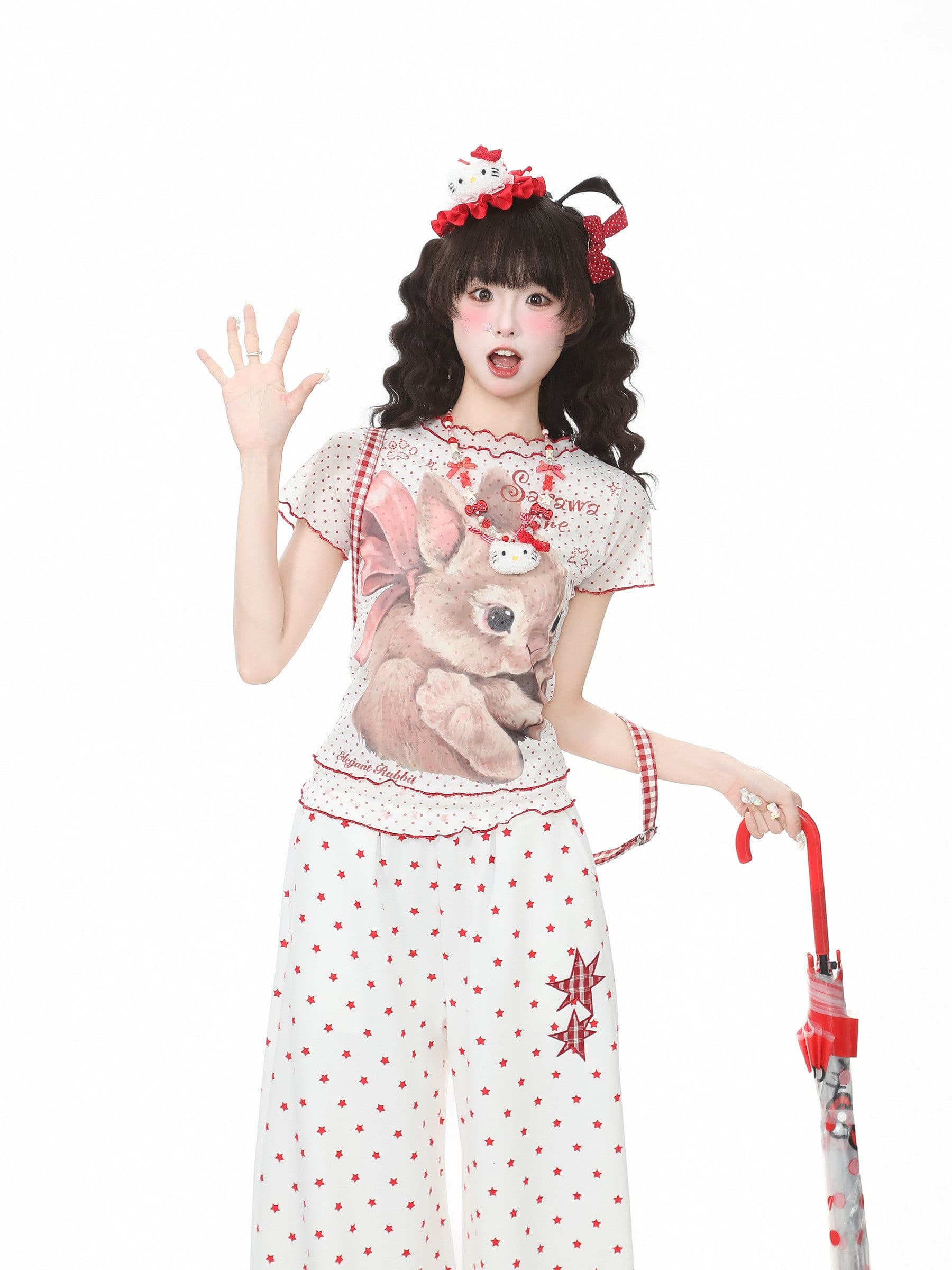 망사 폴리에스터 몸매 가꾸기 여름 얇고 가벼운 페이크 레이어드 티셔츠 귀여운 토끼 도트 무늬 반팔 다용도 여성 상세 이미지 9