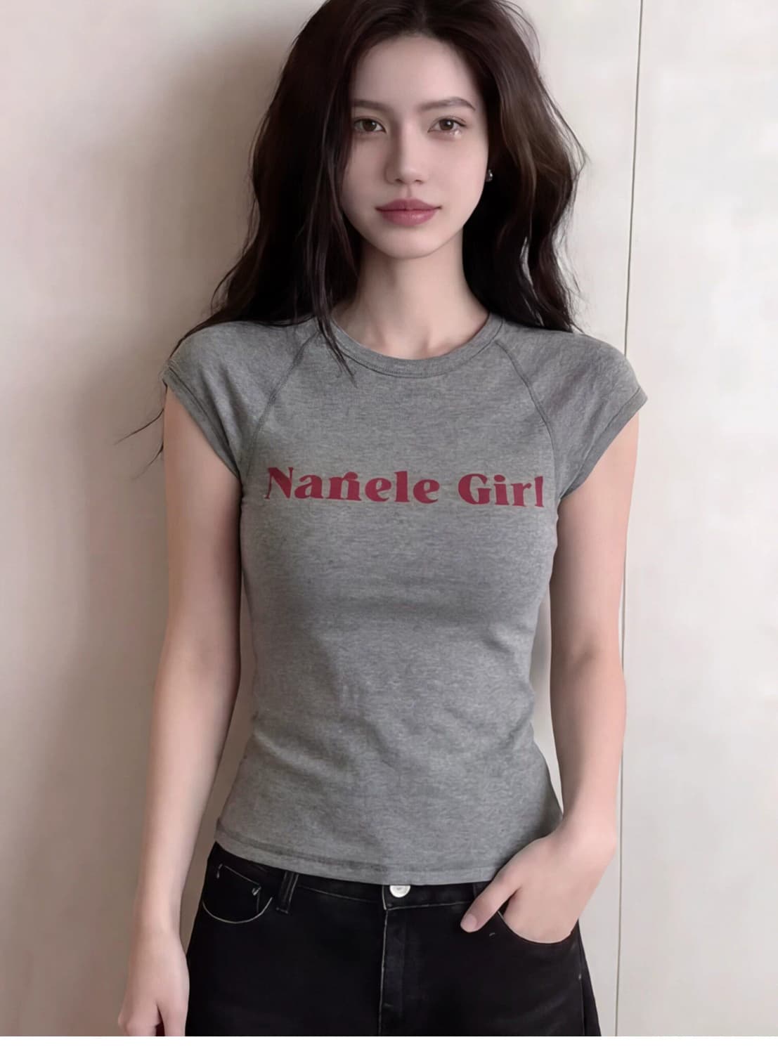 260 그램 사람들 면 모달 알파벳 프린트 긍정적 인 어깨 반팔 티셔츠 여성 짧은 맨위 상세 이미지 7