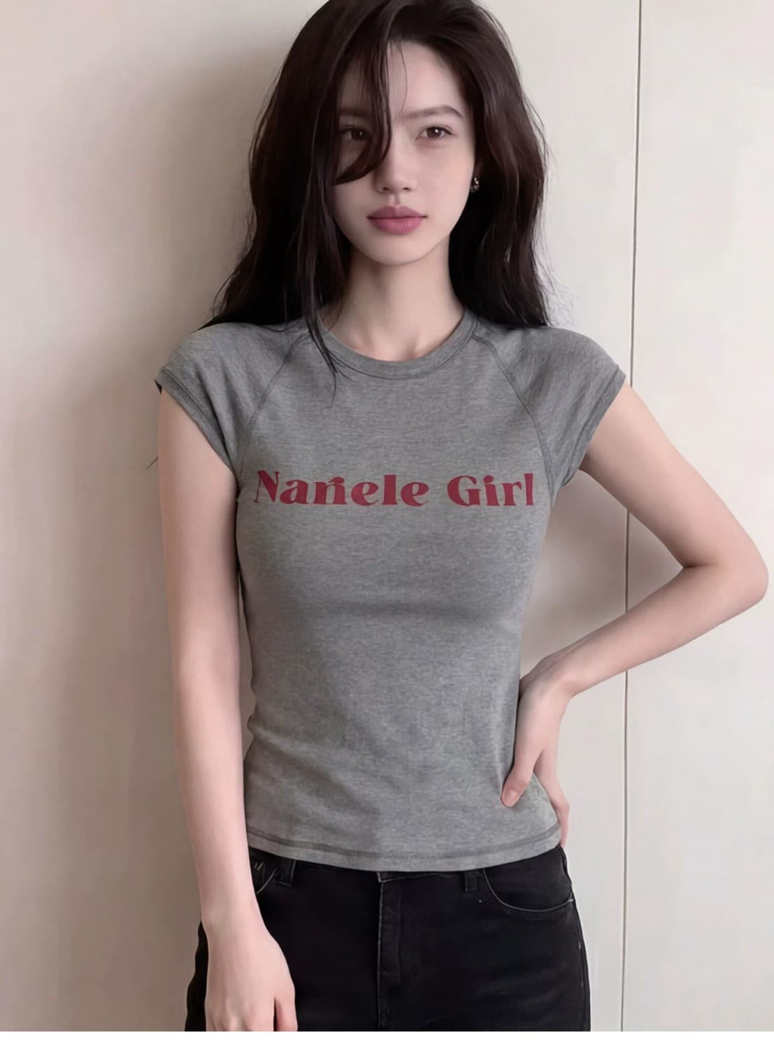 260 그램 사람들 면 모달 알파벳 프린트 긍정적 인 어깨 반팔 티셔츠 여성 짧은 맨위 상세 이미지 8