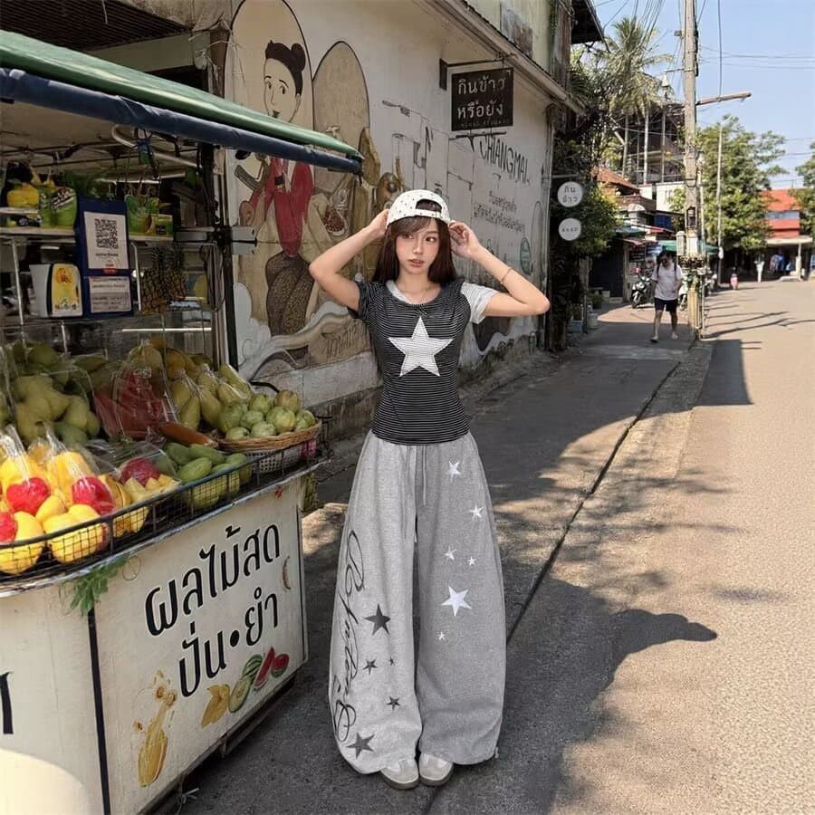 이문화 별 알파벳 프린트 배색 패치워크 캐주얼 와이드 레깅스 바지 빛 아시아 인 바람 루즈핏 허리밴드 모통이 칼 바지 상세 이미지 2