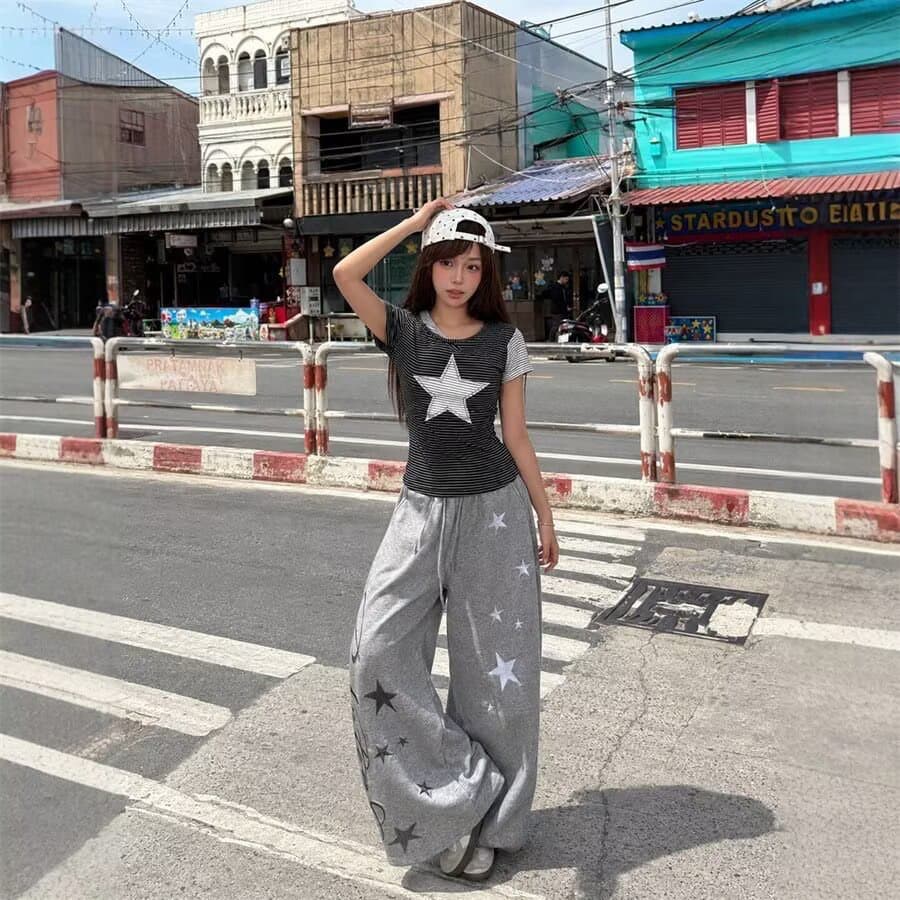 이문화 별 알파벳 프린트 배색 패치워크 캐주얼 와이드 레깅스 바지 빛 아시아 인 바람 루즈핏 허리밴드 모통이 칼 바지 상세 이미지 3