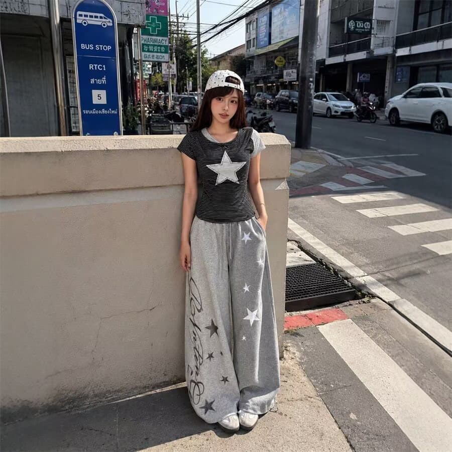 이문화 별 알파벳 프린트 배색 패치워크 캐주얼 와이드 레깅스 바지 빛 아시아 인 바람 루즈핏 허리밴드 모통이 칼 바지 상세 이미지 4
