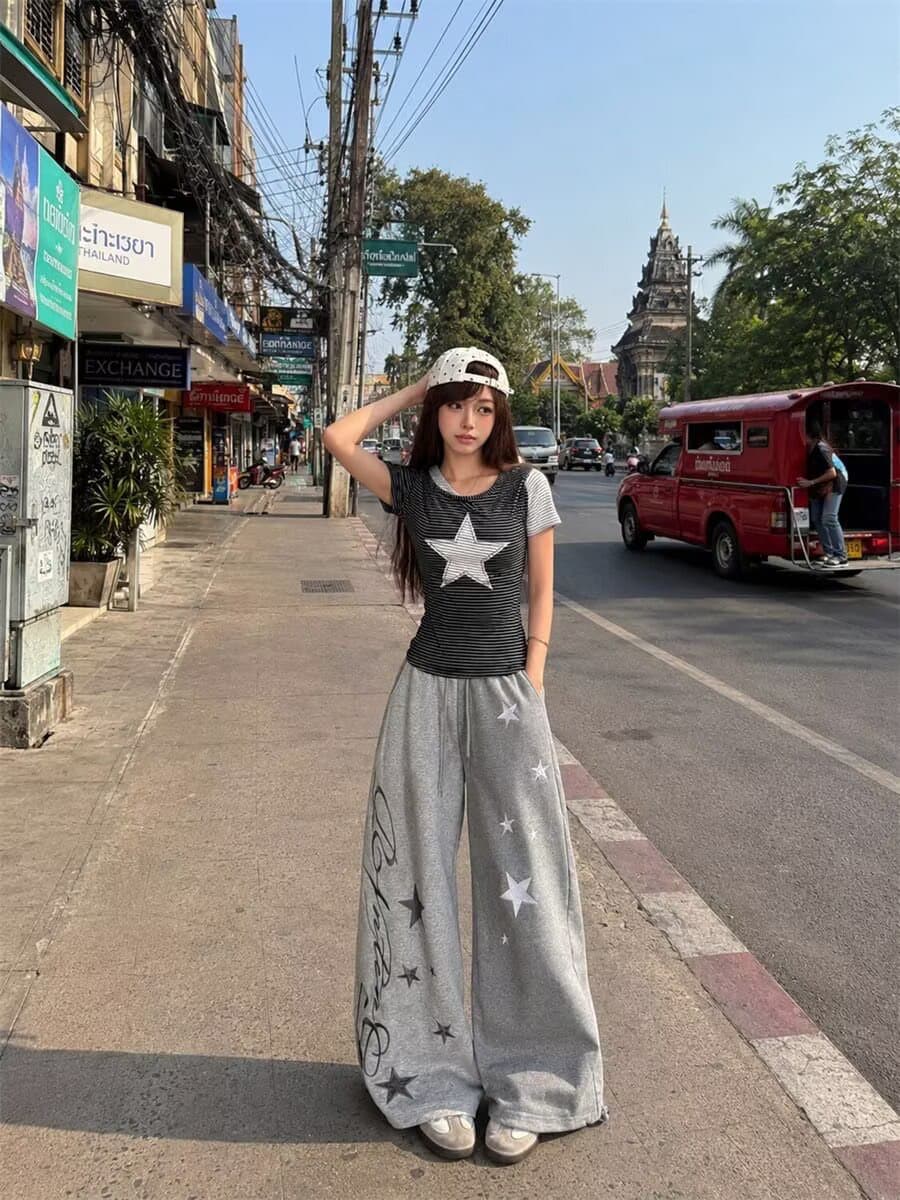 이문화 별 알파벳 프린트 배색 패치워크 캐주얼 와이드 레깅스 바지 빛 아시아 인 바람 루즈핏 허리밴드 모통이 칼 바지 상세 이미지 6