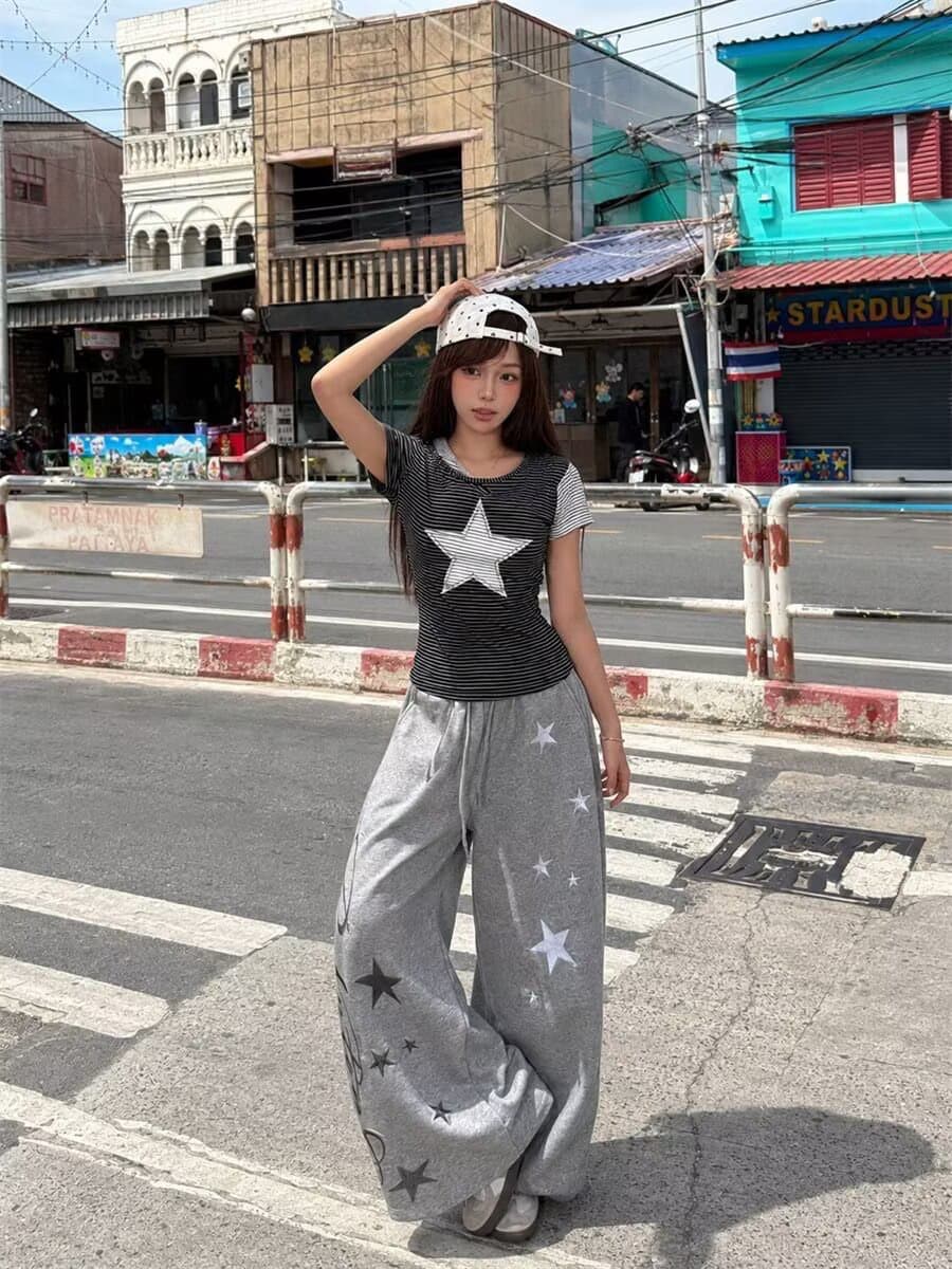 이문화 별 알파벳 프린트 배색 패치워크 캐주얼 와이드 레깅스 바지 빛 아시아 인 바람 루즈핏 허리밴드 모통이 칼 바지 상세 이미지 8