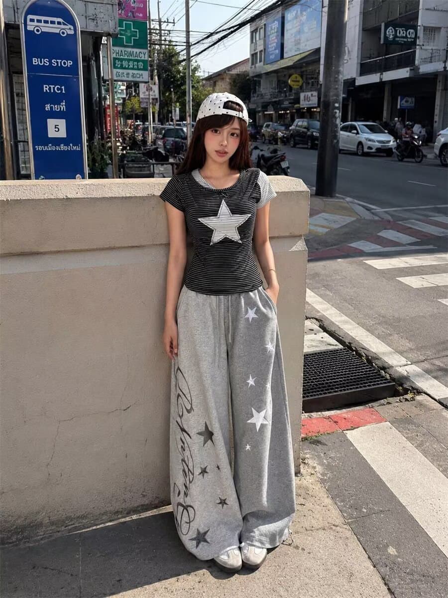 이문화 별 알파벳 프린트 배색 패치워크 캐주얼 와이드 레깅스 바지 빛 아시아 인 바람 루즈핏 허리밴드 모통이 칼 바지 상세 이미지 9