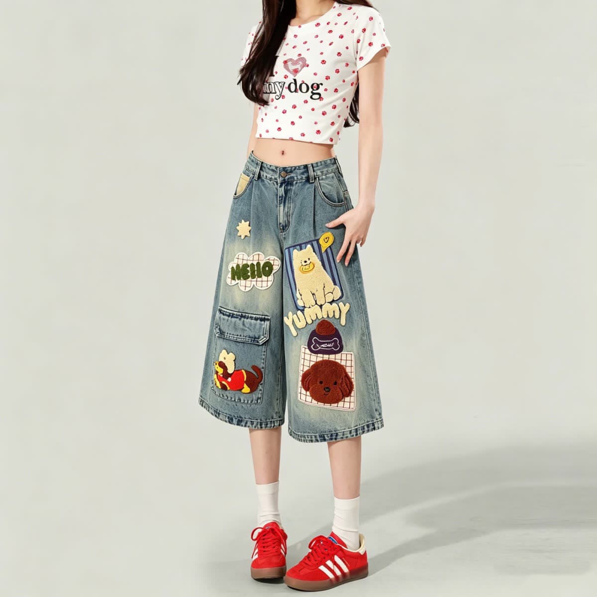 아메리칸 레트로 만화 수건 자수 모통이 칼 청바지 남자 루즈핏 트렌드 커플 다용도 넓은 다리 7부 바지 이미지 5