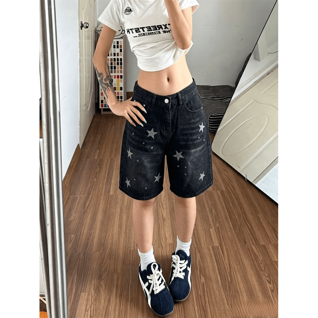아메리칸 레트로 워싱 마 오래된 별 데님 5 점 반바지 여성 거리 스트레이트 루즈핏 슬림해 보이는 와이드 레그 팬츠 어린이 이미지 5