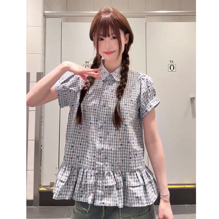 경관 그림 새로운 여름 일본과 한국 부서 프릴 반팔 여성 셔츠 자이언트 잘 생긴 루즈핏 슬림해 보이는 아름다운 맨위 상세 이미지 2