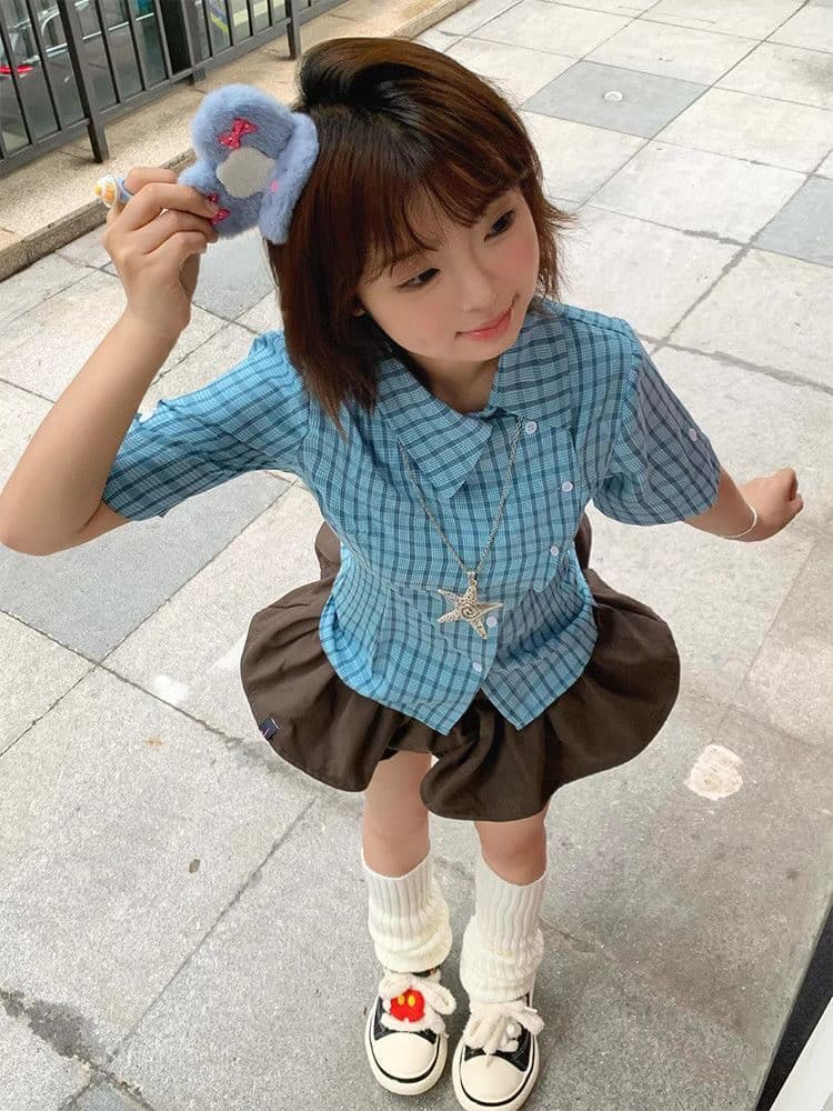 경관 그림 아메리칸 높음 거리 불규칙 파란색 체크무늬 반팔 여성 셔츠 몸매 가꾸기 디자인 센스 작은 대중 슬림해 보이는 여성 상세 이미지 6