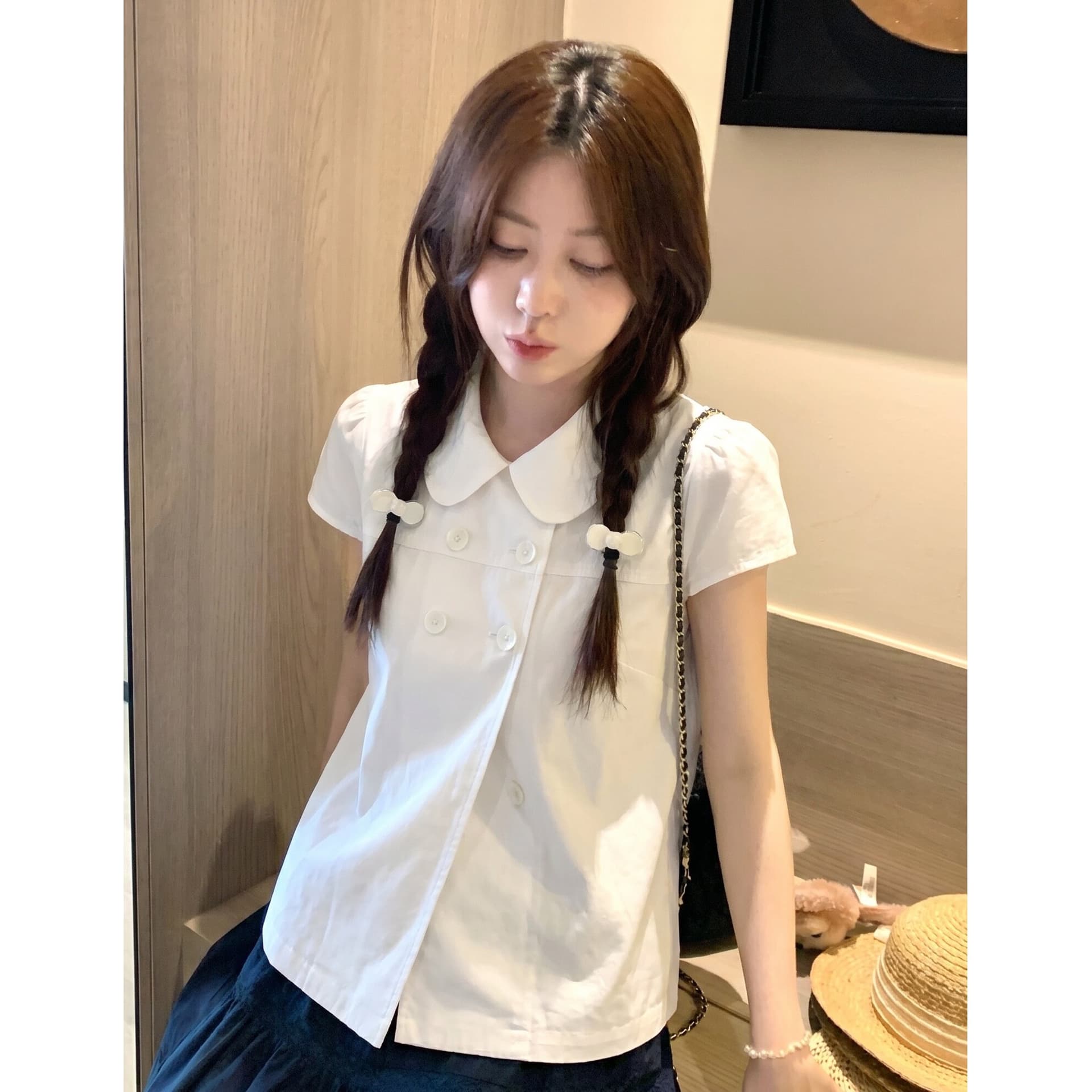 경관 그림 여름 레트로 이중 버튼 긍정적 인 어깨 베이비 칼라 마을 셔츠 반팔 여성 허리 수축 디자인 센스 맨위 상세 이미지 4