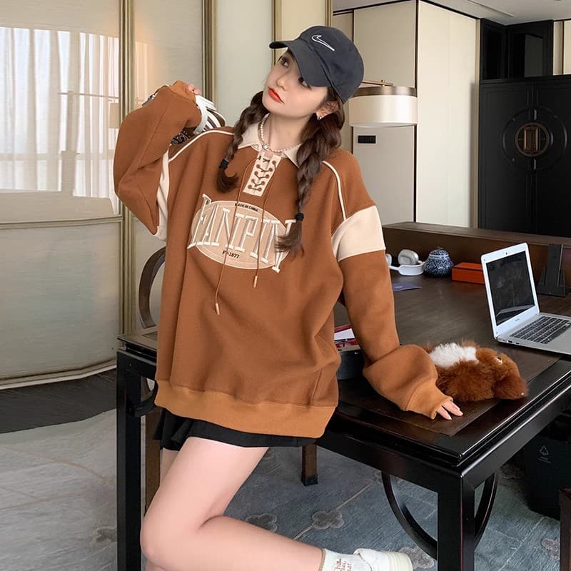 아메리칸 레트로 자수 풀오버 스웨트셔츠 남녀 가을 새로운 배색 디자인 센스 작은 대중 루즈핏 쇼트 스타일 맨위 트렌디 이미지 3
