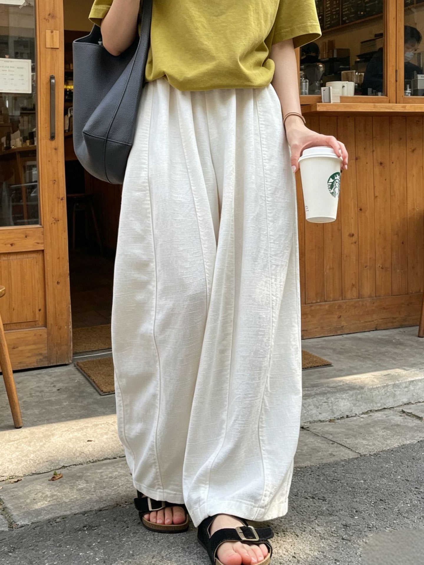 화이트 모통이 칼 와이드 레깅스 바지 여름 얇은 스타일 루즈핏 느긋한 캐주얼 바지 하이웨이스트 슬림해 보이는 캐주얼 면 린넨 풍선 바지