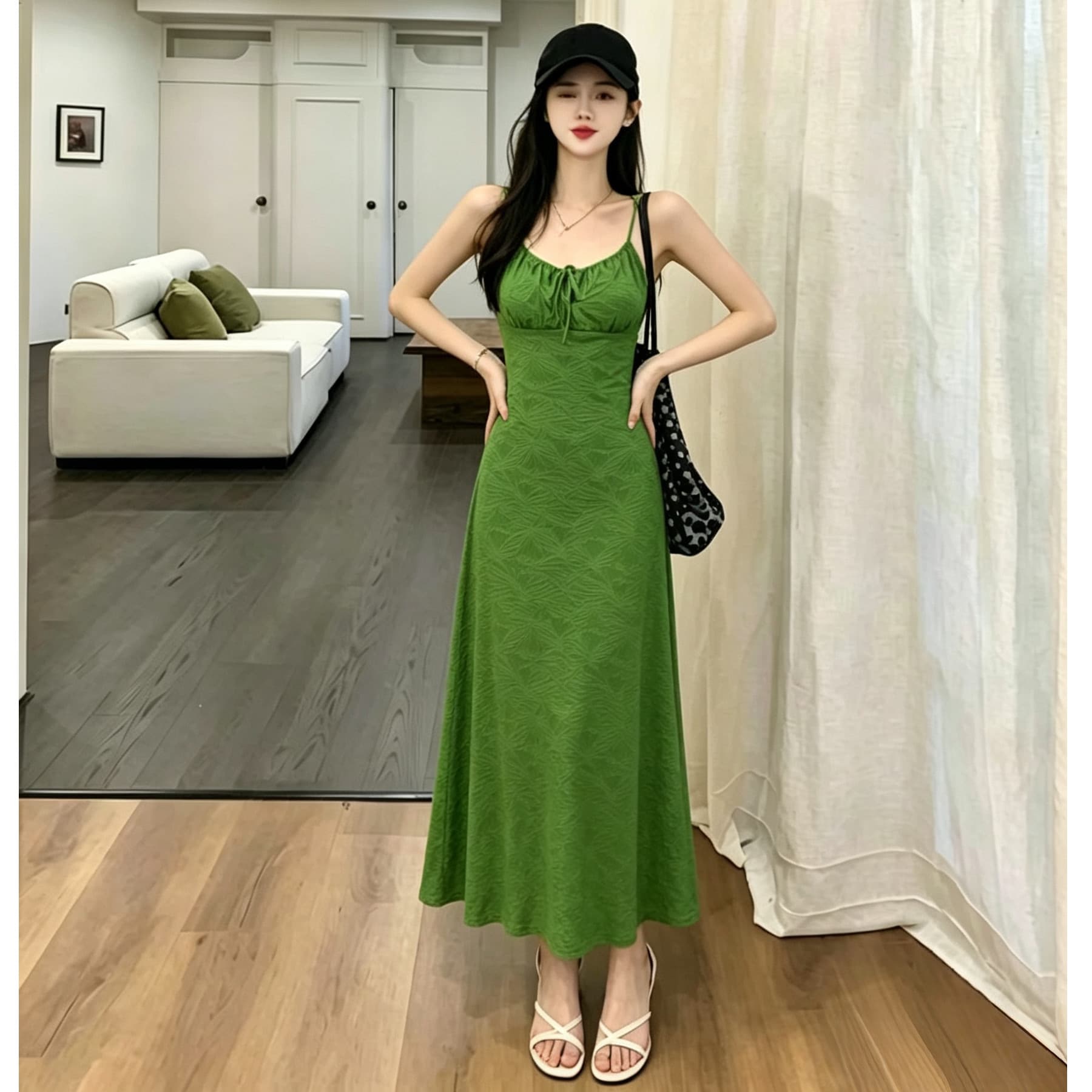 어깨끈 수 있습니다. 조정 경기 반바지 레트로 휴가 슬립 여성 드레스 여름 녹색 여성 드레스 이미지 4