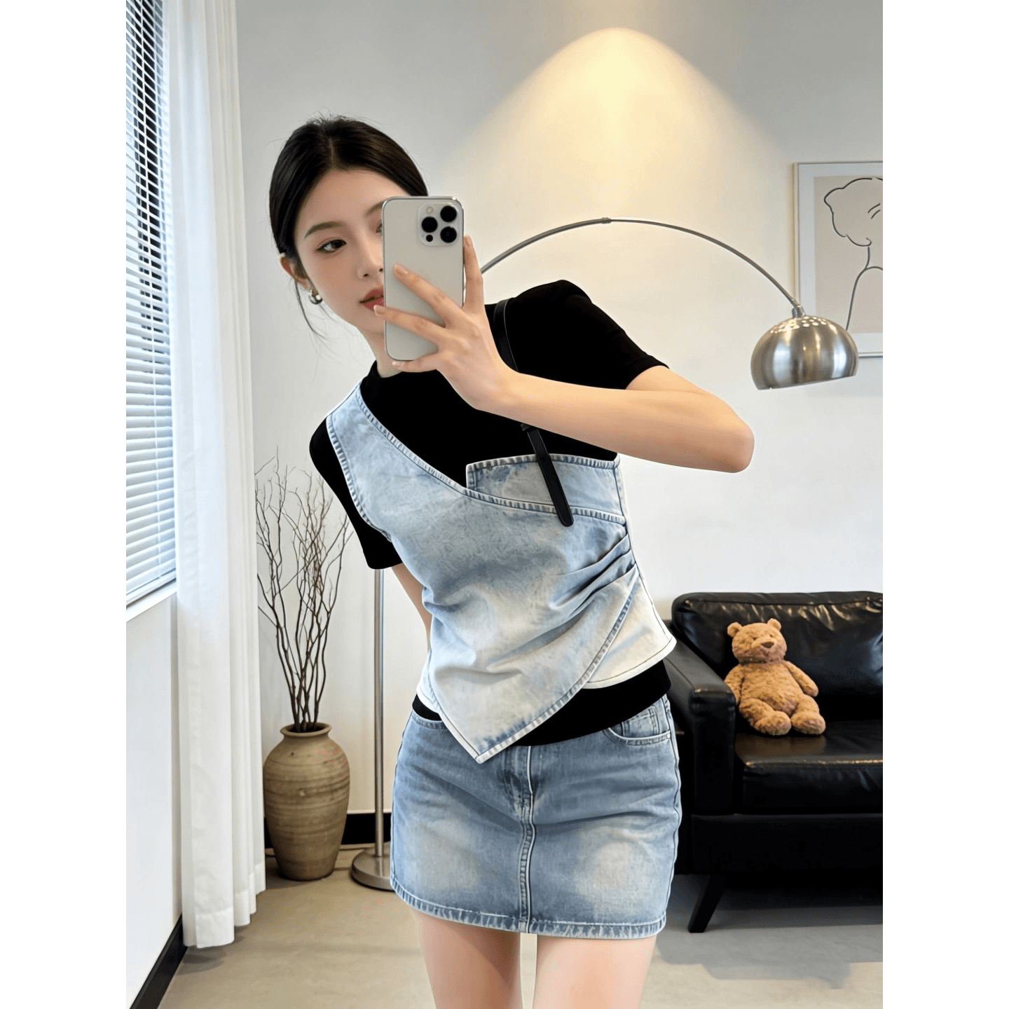 95 면 페이크 레이어드 반팔 티셔츠 여성 여름 새로운 디자인 센스 작은 대중 다용도 패션 데님 패치워크 맨위 이미지 5