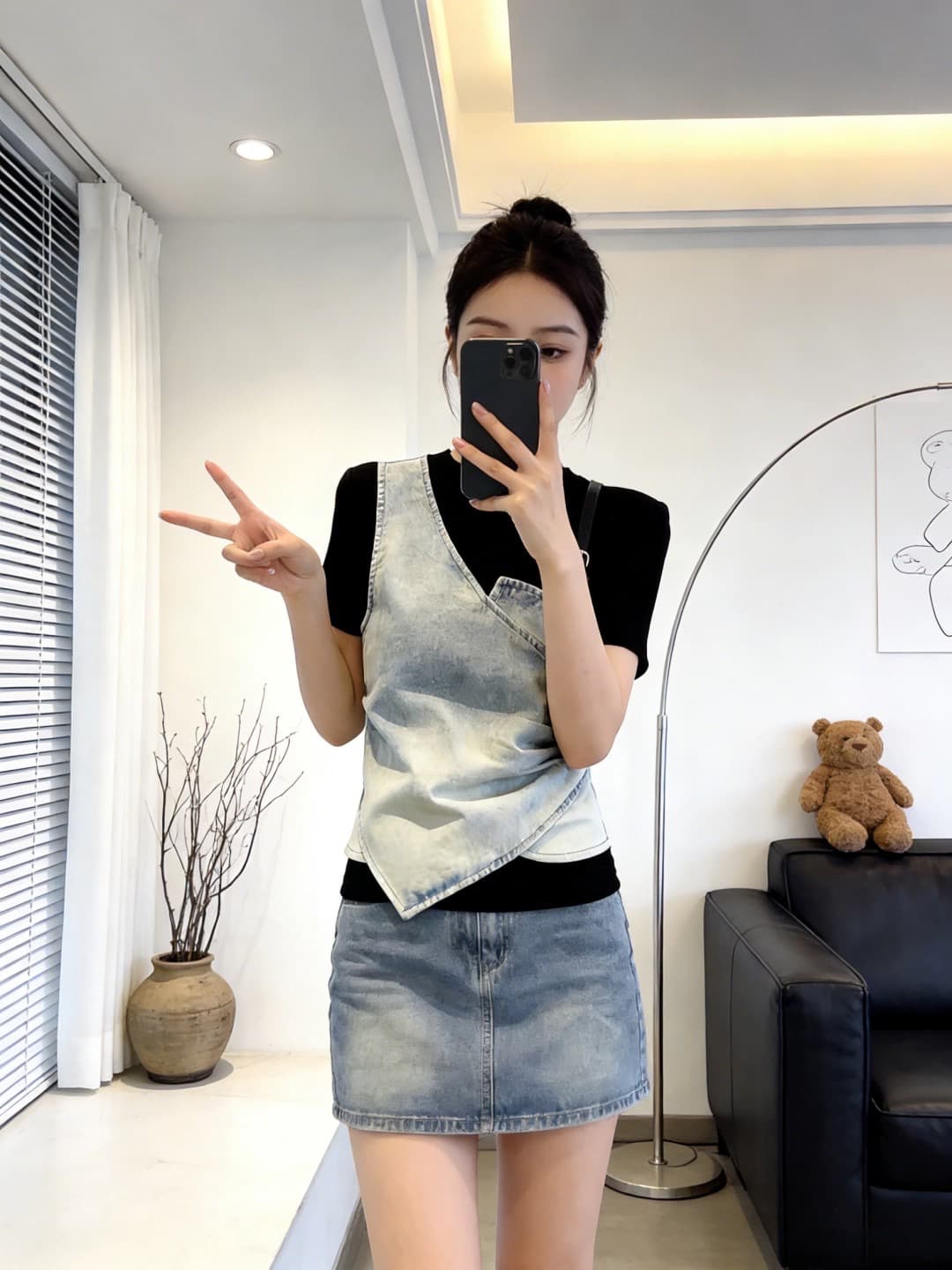 95 면 페이크 레이어드 반팔 티셔츠 여성 여름 새로운 디자인 센스 작은 대중 다용도 패션 데님 패치워크 맨위 상세 이미지 2