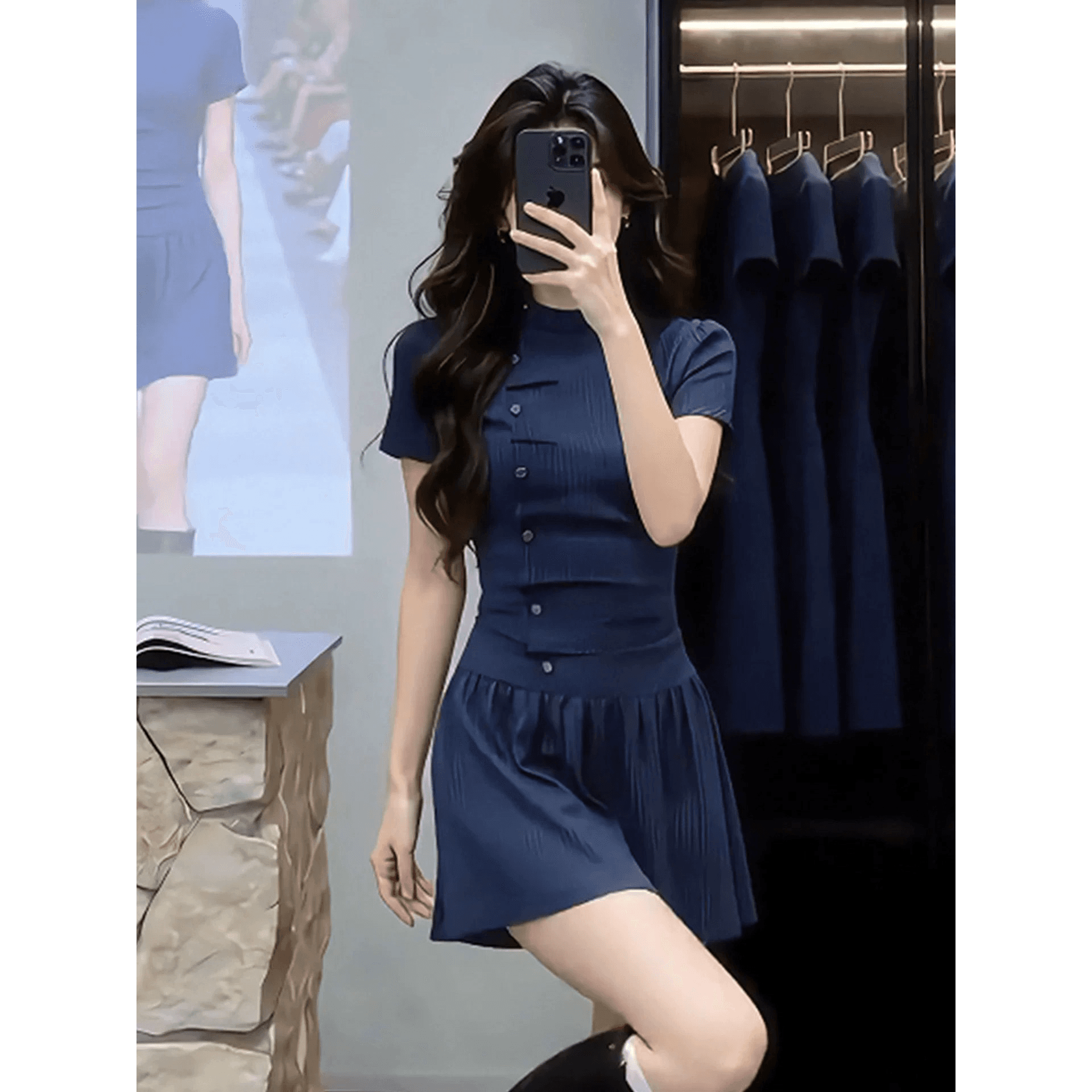 2026 여름 새로운 품격 스트라이프 프린트 허리 수축 몸매 가꾸기 슬림해 보이는 스탠드 칼라 반팔 한 마디 쇼트 스타일 여성 드레스 이미지 5