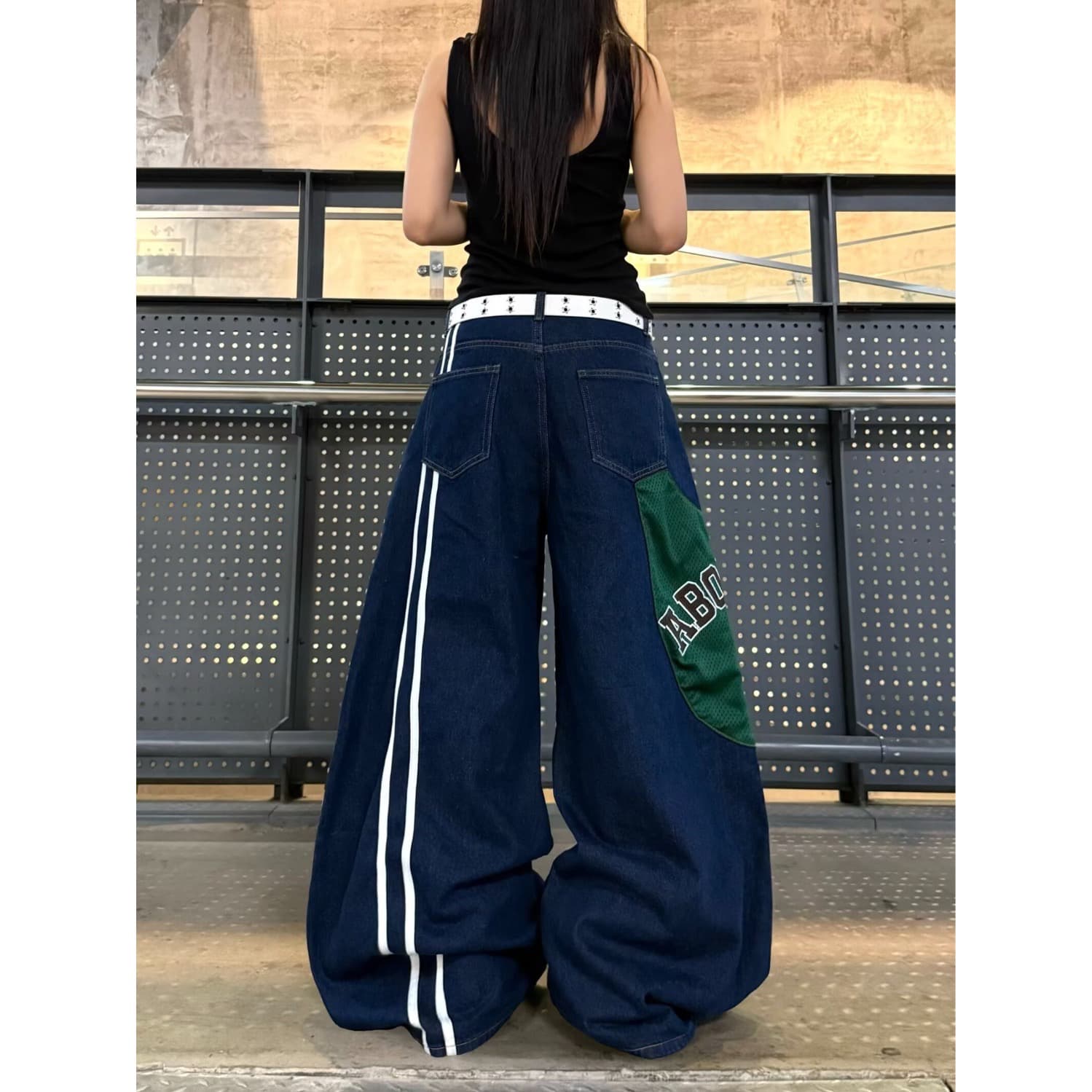 메쉬 패치 낙서 프린트 모통이 칼 데님 프린트 루즈핏 넓은 다리 스트리트 댄스 조수 브랜드 춤추기 바지 이미지 2