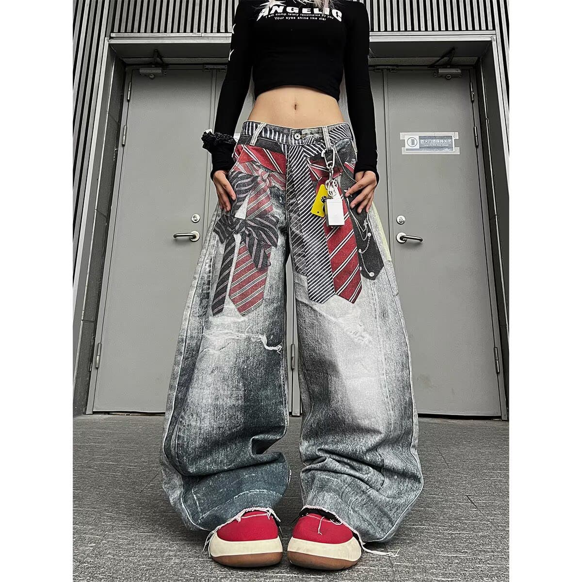 넥타이 프린트 3d 인쇄 워싱 모통이 칼 청바지 거리 스트레이트 루즈핏 슬림해 보이는 넓은 다리 바닥 청소 바지