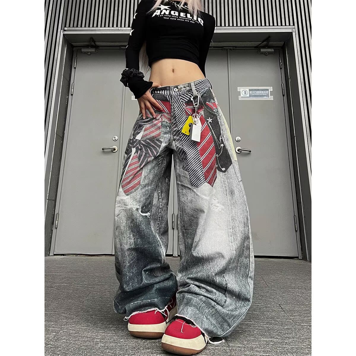 넥타이 프린트 3d 인쇄 워싱 모통이 칼 청바지 거리 스트레이트 루즈핏 슬림해 보이는 넓은 다리 바닥 청소 바지 이미지 2