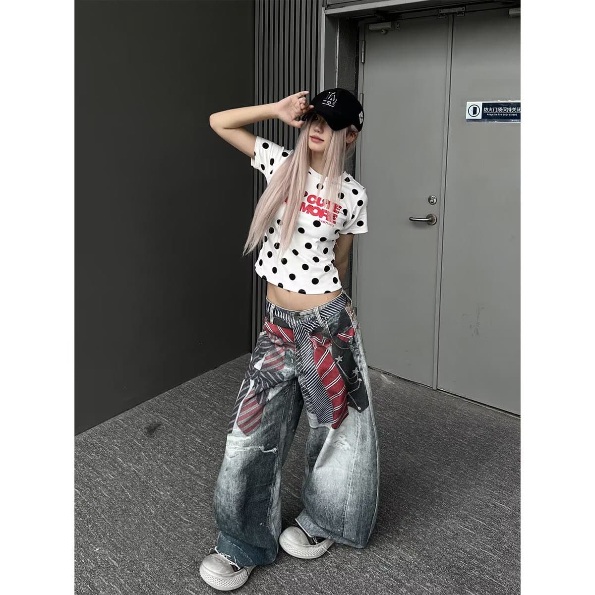 넥타이 프린트 3d 인쇄 워싱 모통이 칼 청바지 거리 스트레이트 루즈핏 슬림해 보이는 넓은 다리 바닥 청소 바지 상세 이미지 3
