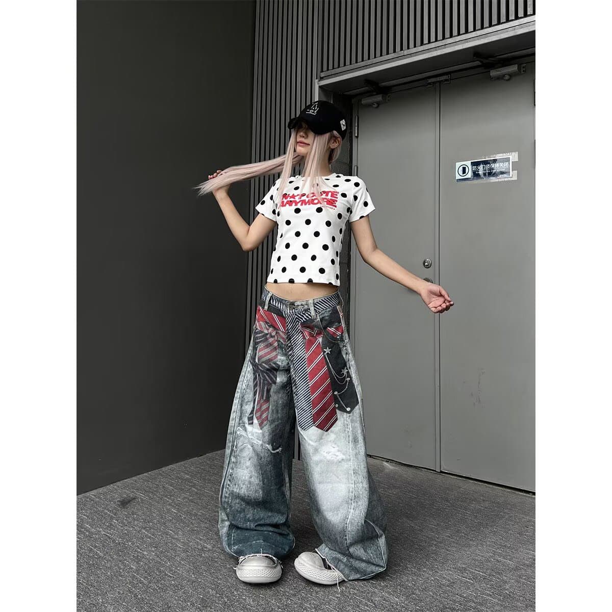 넥타이 프린트 3d 인쇄 워싱 모통이 칼 청바지 거리 스트레이트 루즈핏 슬림해 보이는 넓은 다리 바닥 청소 바지 상세 이미지 4