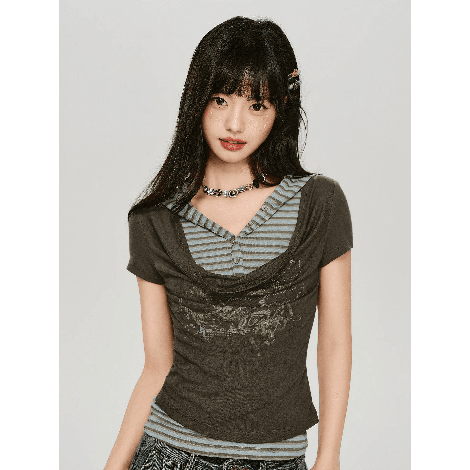폭발 아메리칸 레트로 페이크 레이어드 후드 스트라이프 반팔 티셔츠 여성 여름 새로운 몸매 가꾸기 슬림해 보이는 맨위 고급 이미지 5