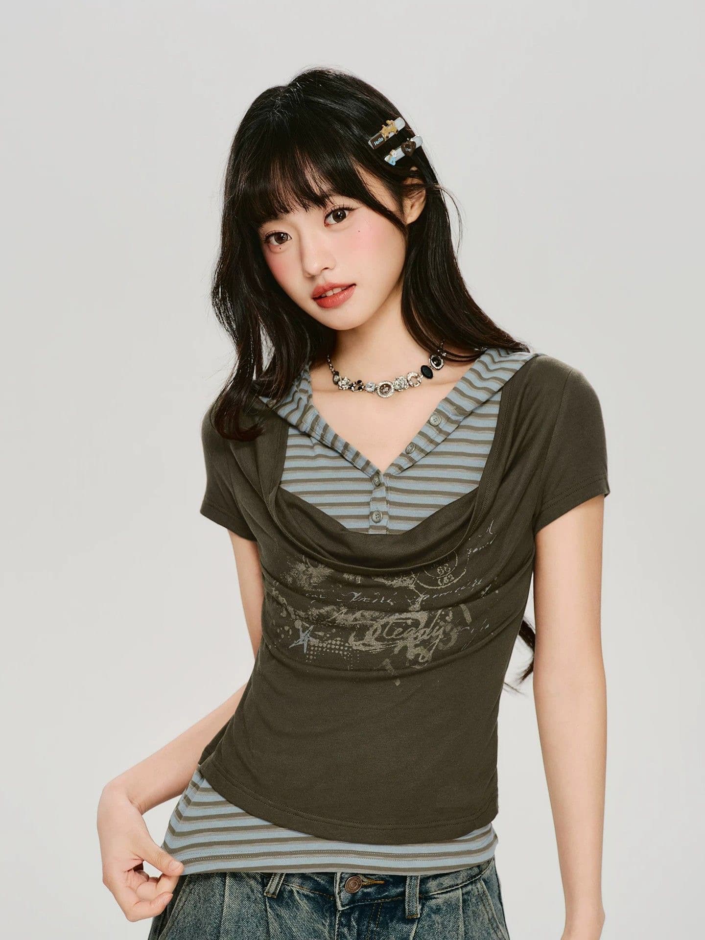 폭발 아메리칸 레트로 페이크 레이어드 후드 스트라이프 반팔 티셔츠 여성 여름 새로운 몸매 가꾸기 슬림해 보이는 맨위 고급 상세 이미지 3