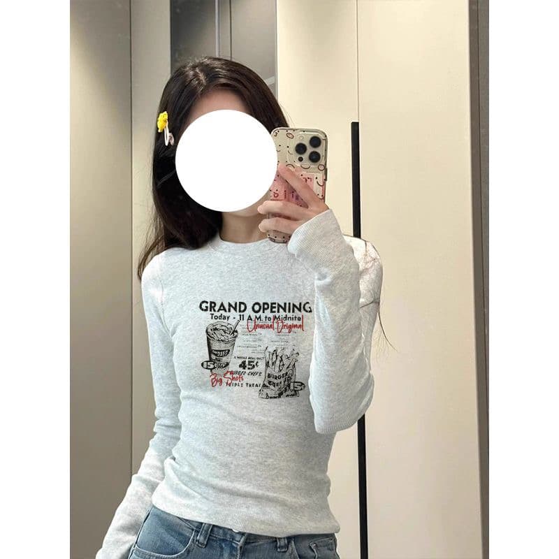 긍정적 인 어깨 라운드 넥 긴팔 몸매 가꾸기 티셔츠 가을 겨울 새로운 아메리칸 다용도 슬림해 보이는 프린트 만나는 맨위 여성 이미지 3